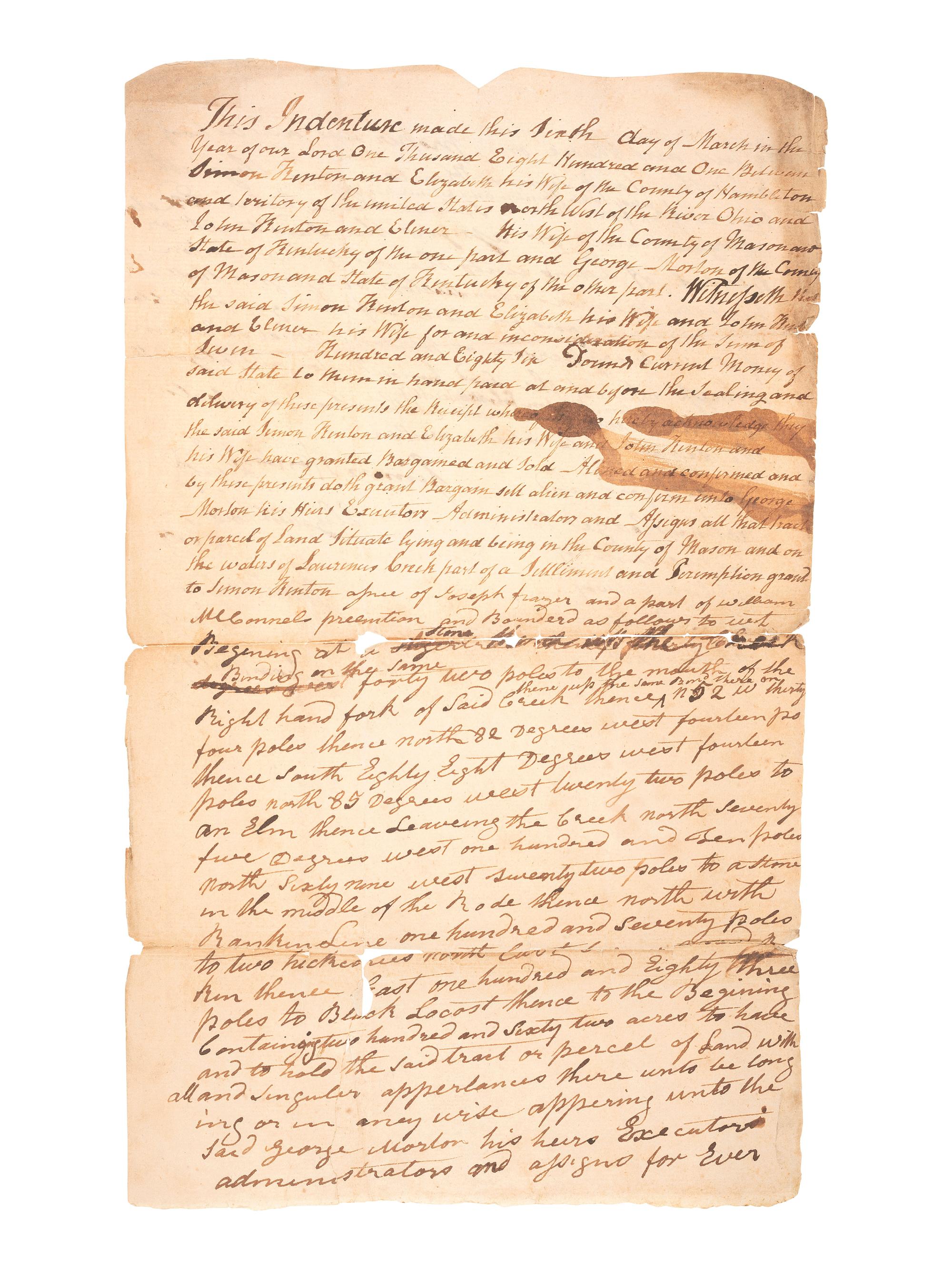 KENTON, Simon (1755-1836). Manuscript land indenture signed ("Simon Kenton"), 6 March 1801.