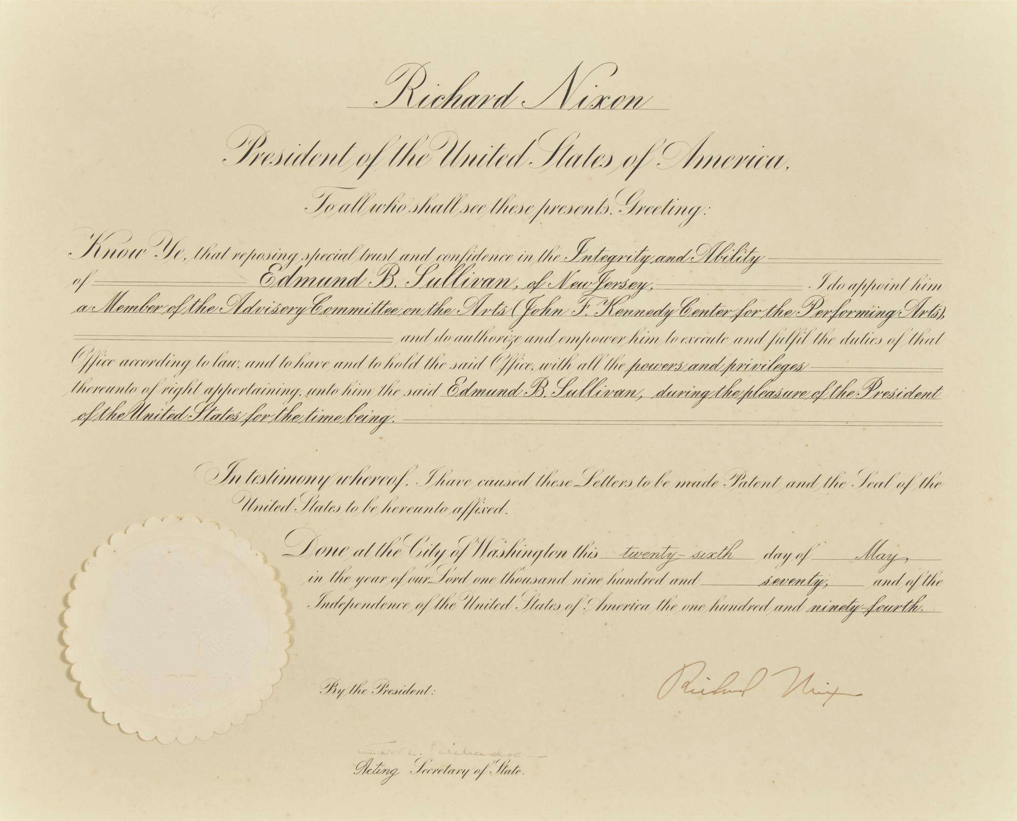[Presidential] Nixon, Richard. Partially-printed document, signed