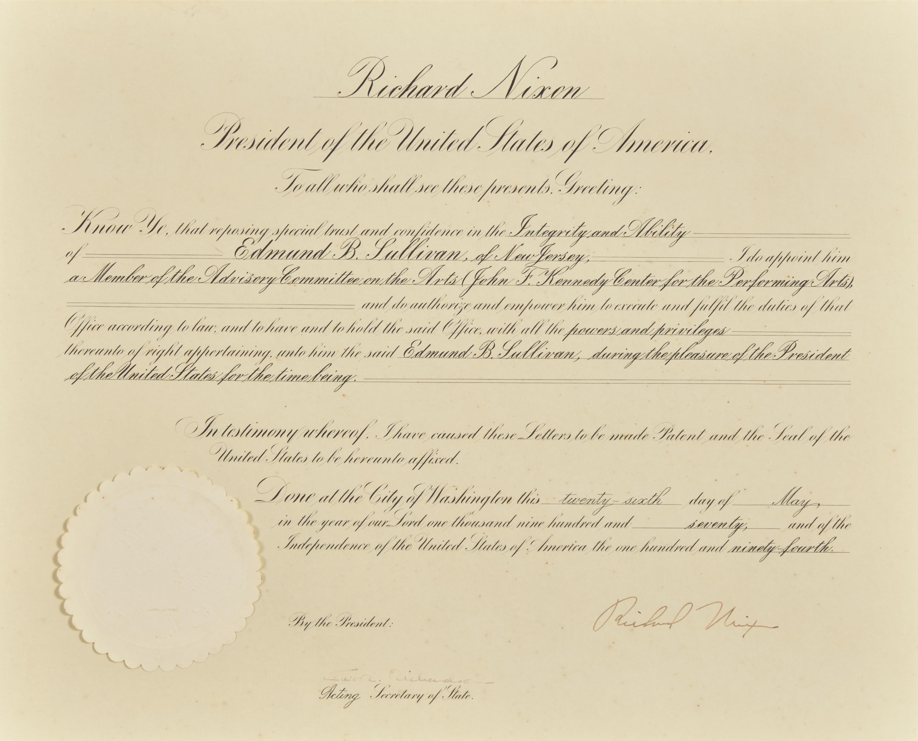 [Presidential] Nixon, Richard. Partially-printed document, signed