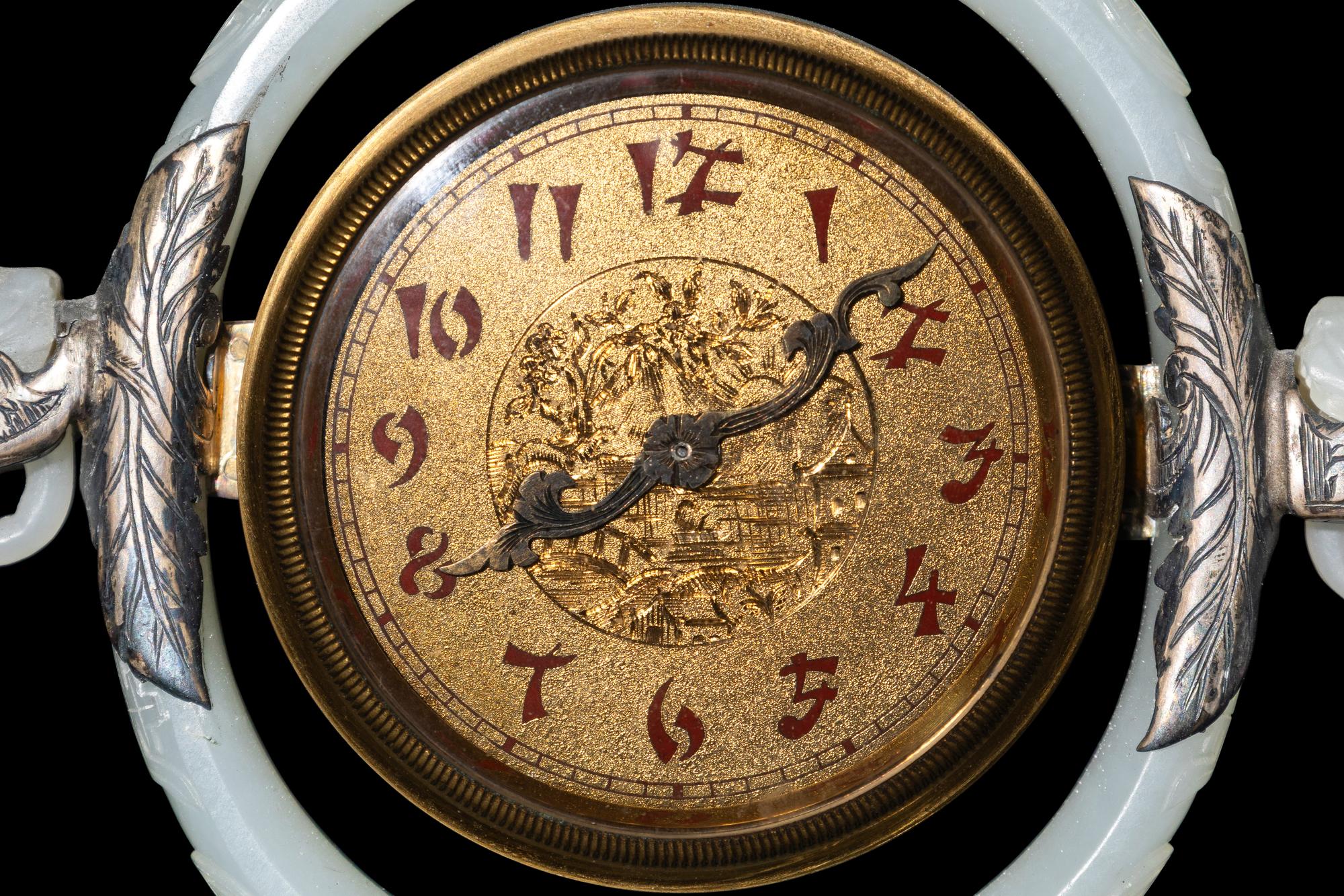 An Edward I. Farmer White Jade and Silver Mounted Chinoiserie Desk Clock, Circa 1930 Edward I. Farmer約1930年製中國風白玉童子座鐘