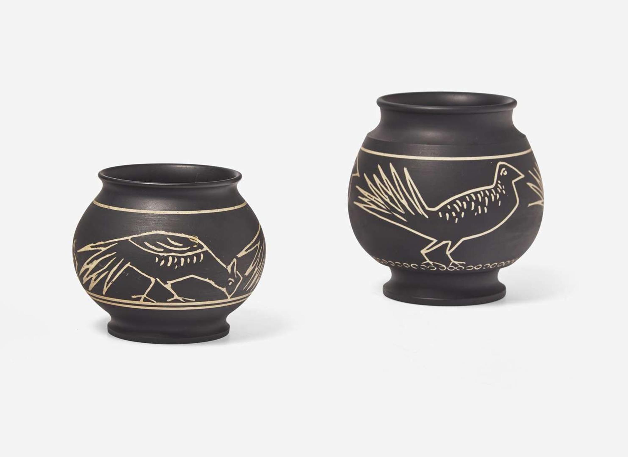 Two Wedgwood Thomas Simpson and Arthur Dale Holland Black Basalt Vases, UK, circa 1924