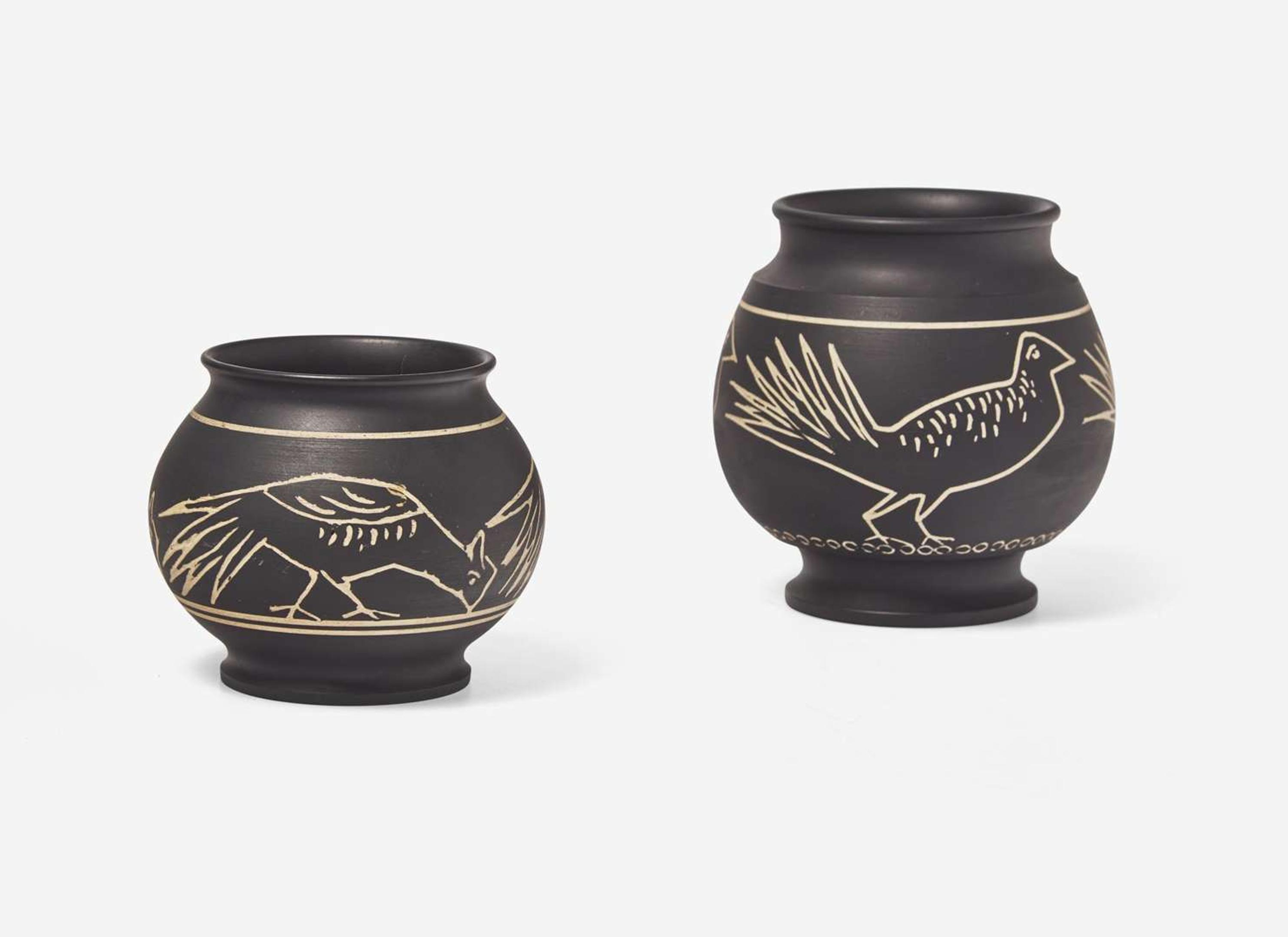 Two Wedgwood Thomas Simpson and Arthur Dale Holland Black Basalt Vases, UK, circa 1924