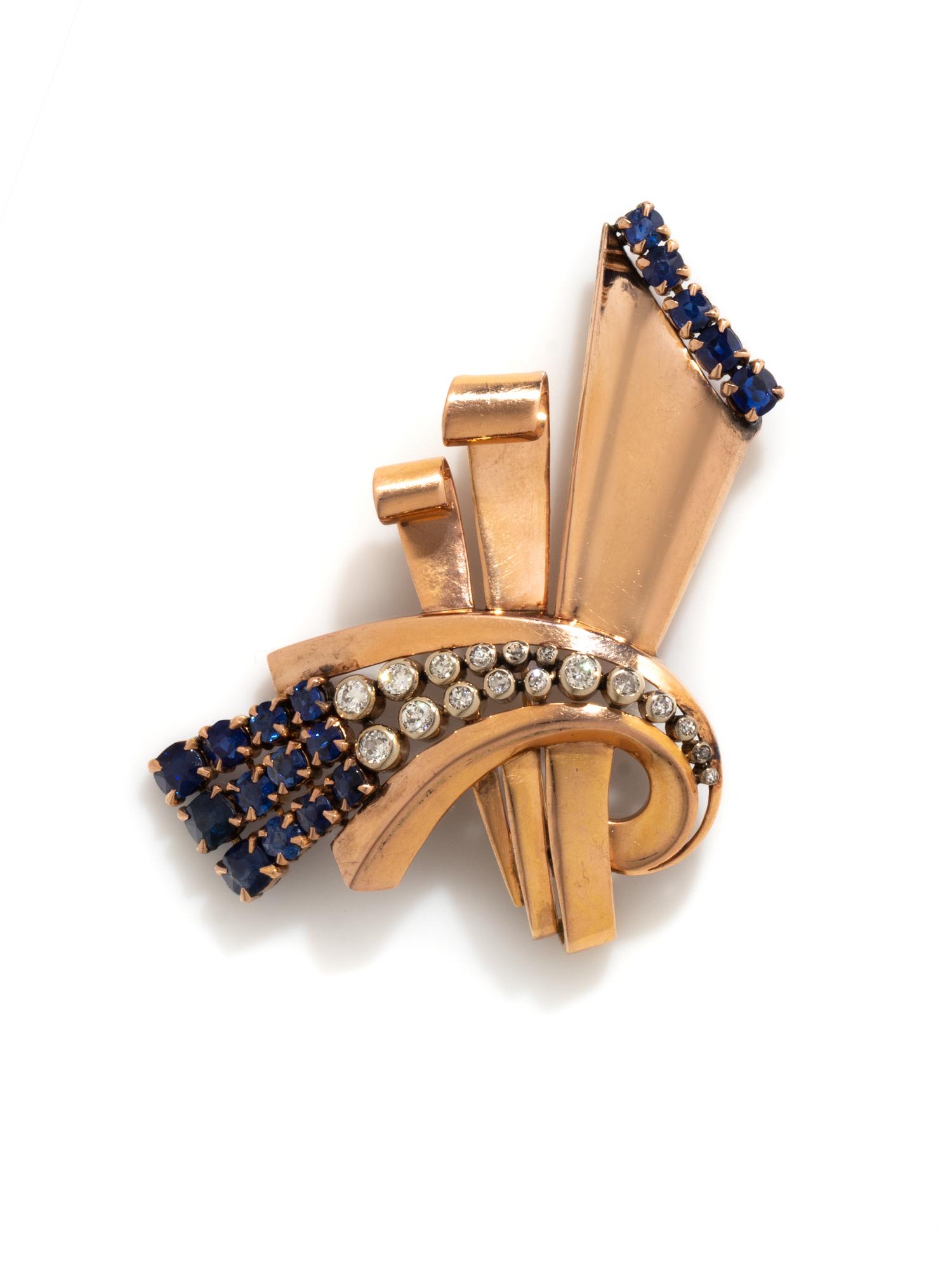 RETRO, SAPPHIRE, DIAMOND, AND GOLD BROOCH