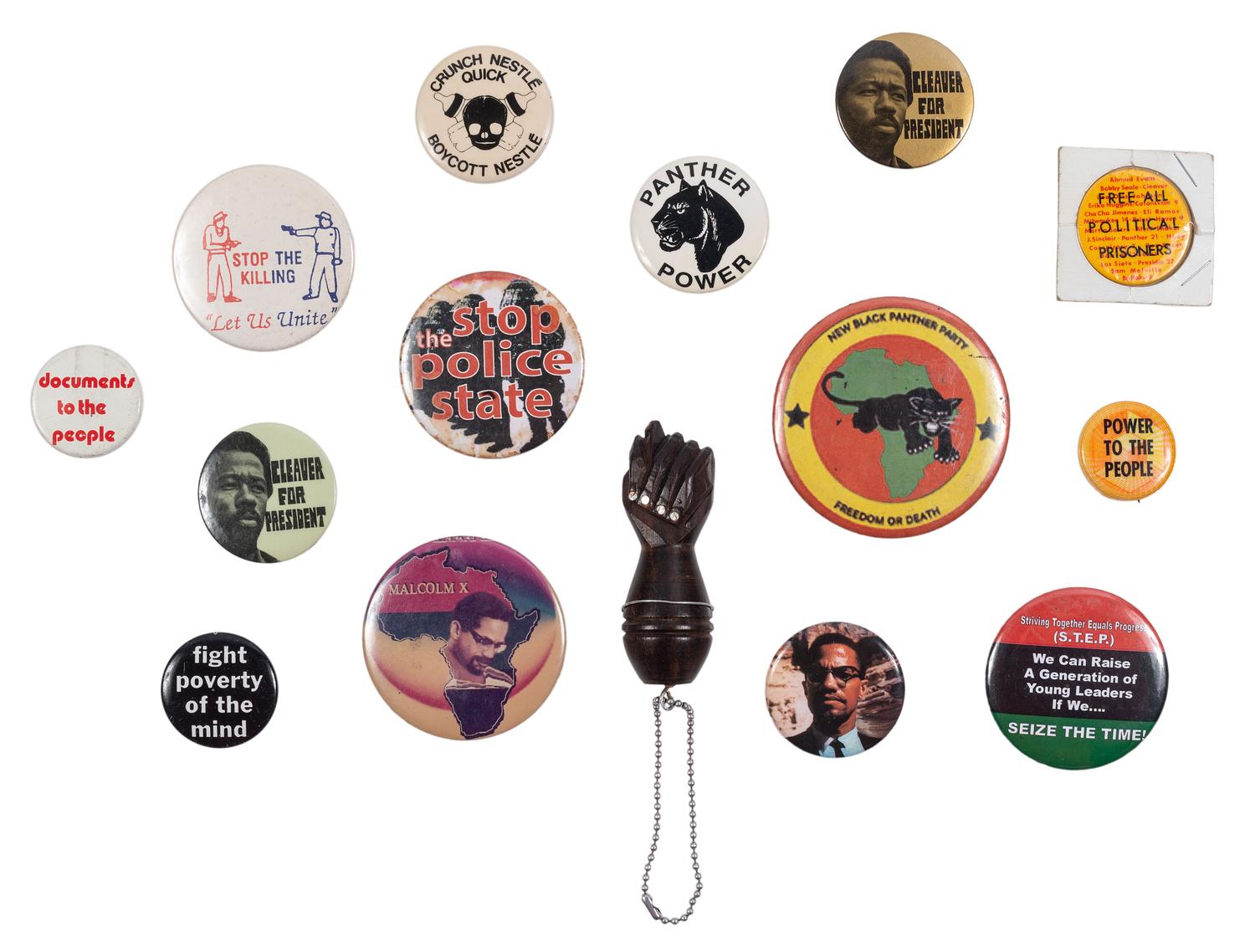 [CIVIL RIGHTS]. A large collection of buttons and ephemera involving the Black Panther Party, political protests, and social movements.