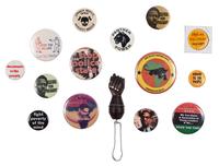 [CIVIL RIGHTS]. A large collection of buttons and ephemera involving the Black Panther Party, political protests, and social movements.