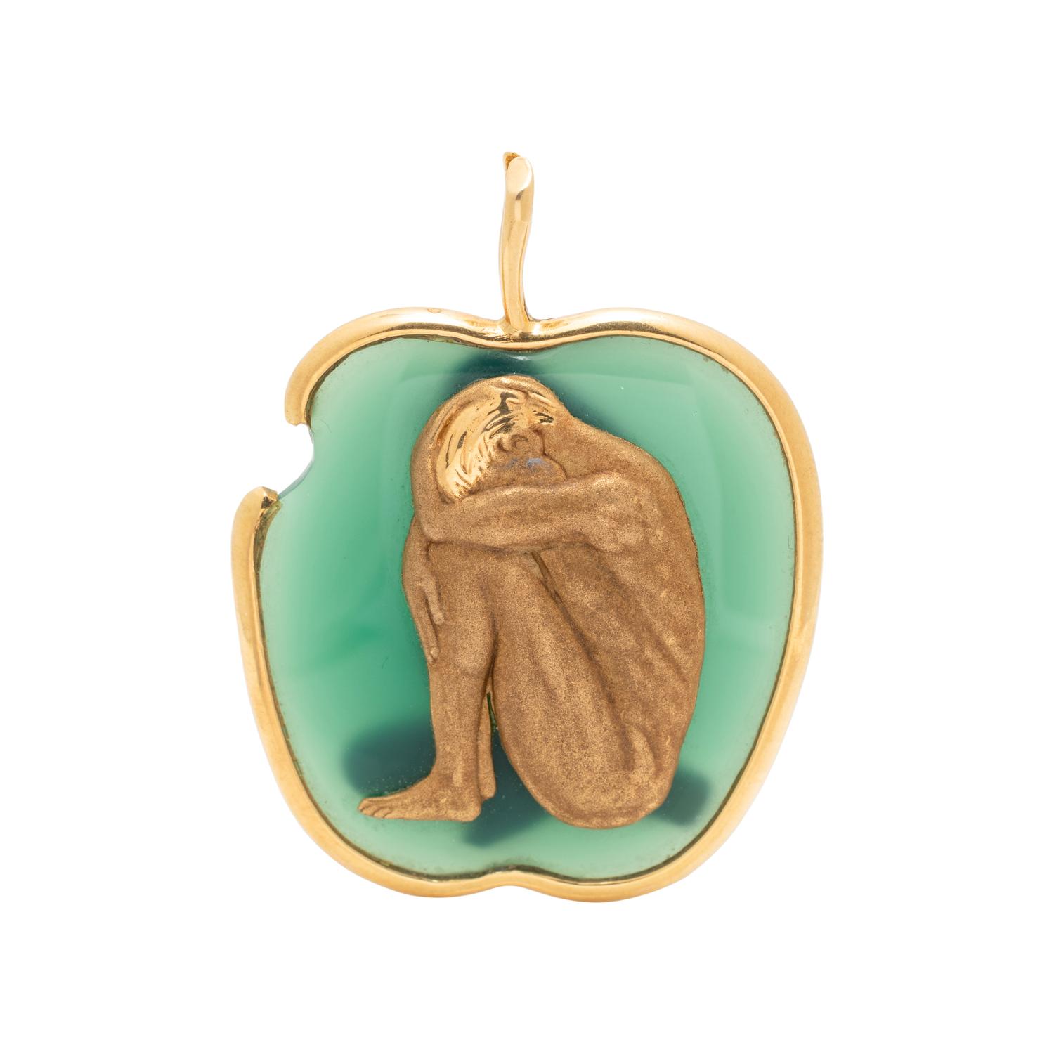 CARRERA Y CARRERA, GOLD AND GREEN CHALCEDONY ADAM AND EVE PENDANT