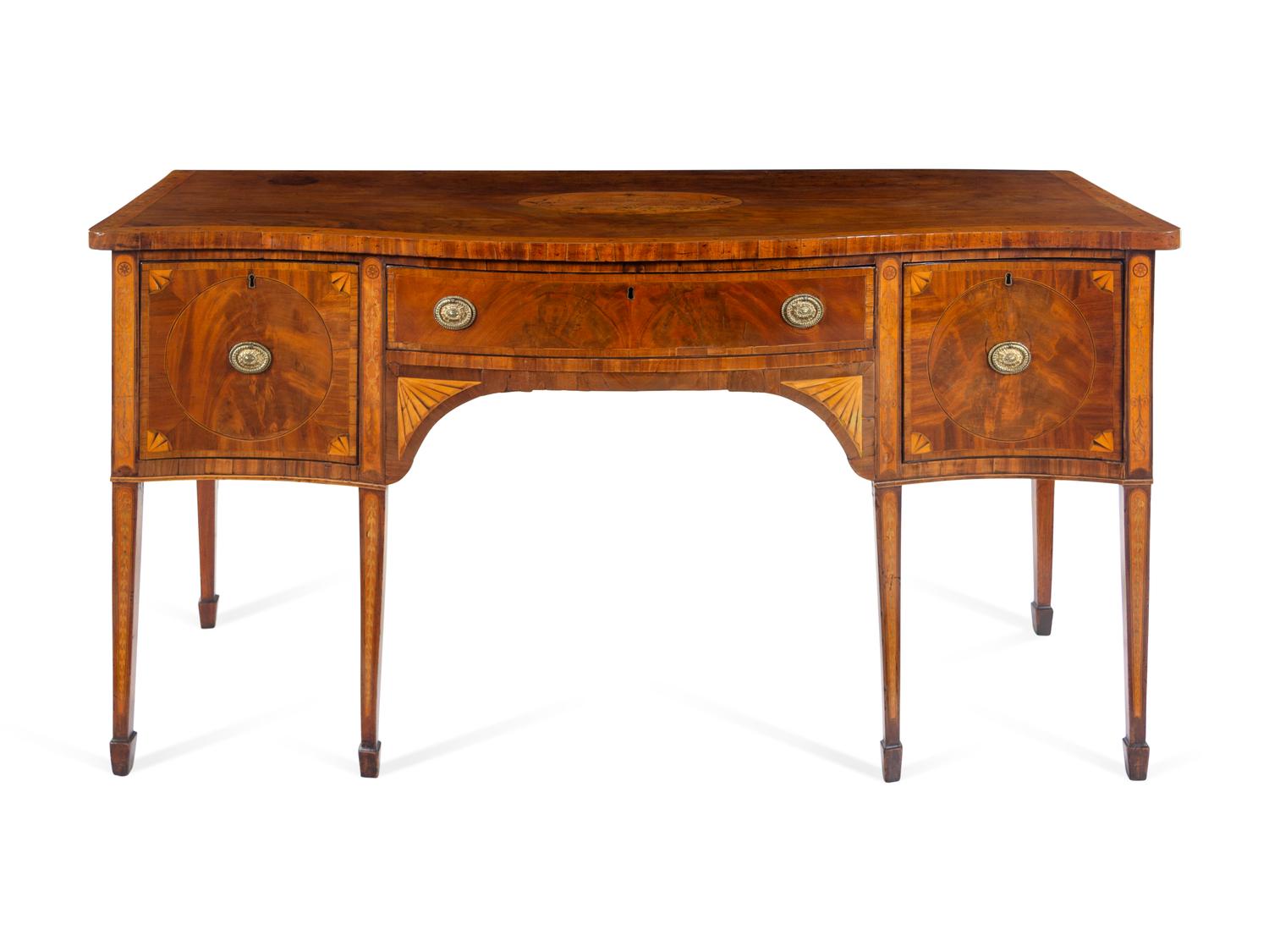 A George III Satinwood Inlaid Figured Mahogany Serpentine-Front Sideboard