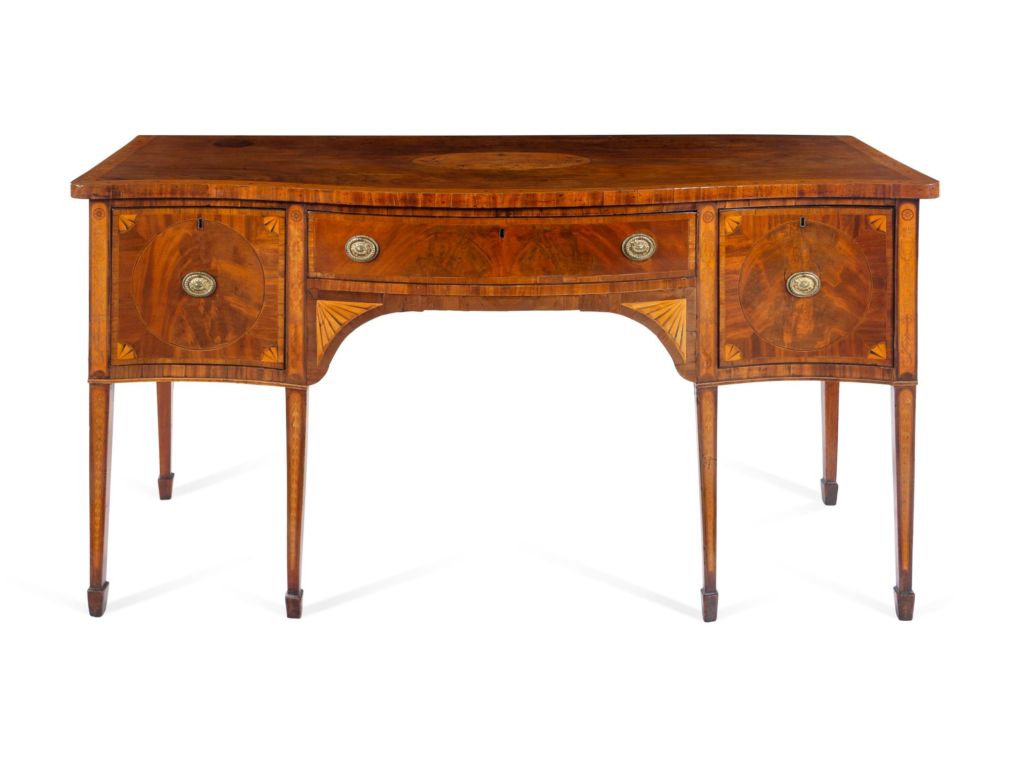 A George III Satinwood Inlaid Figured Mahogany Serpentine-Front Sideboard
