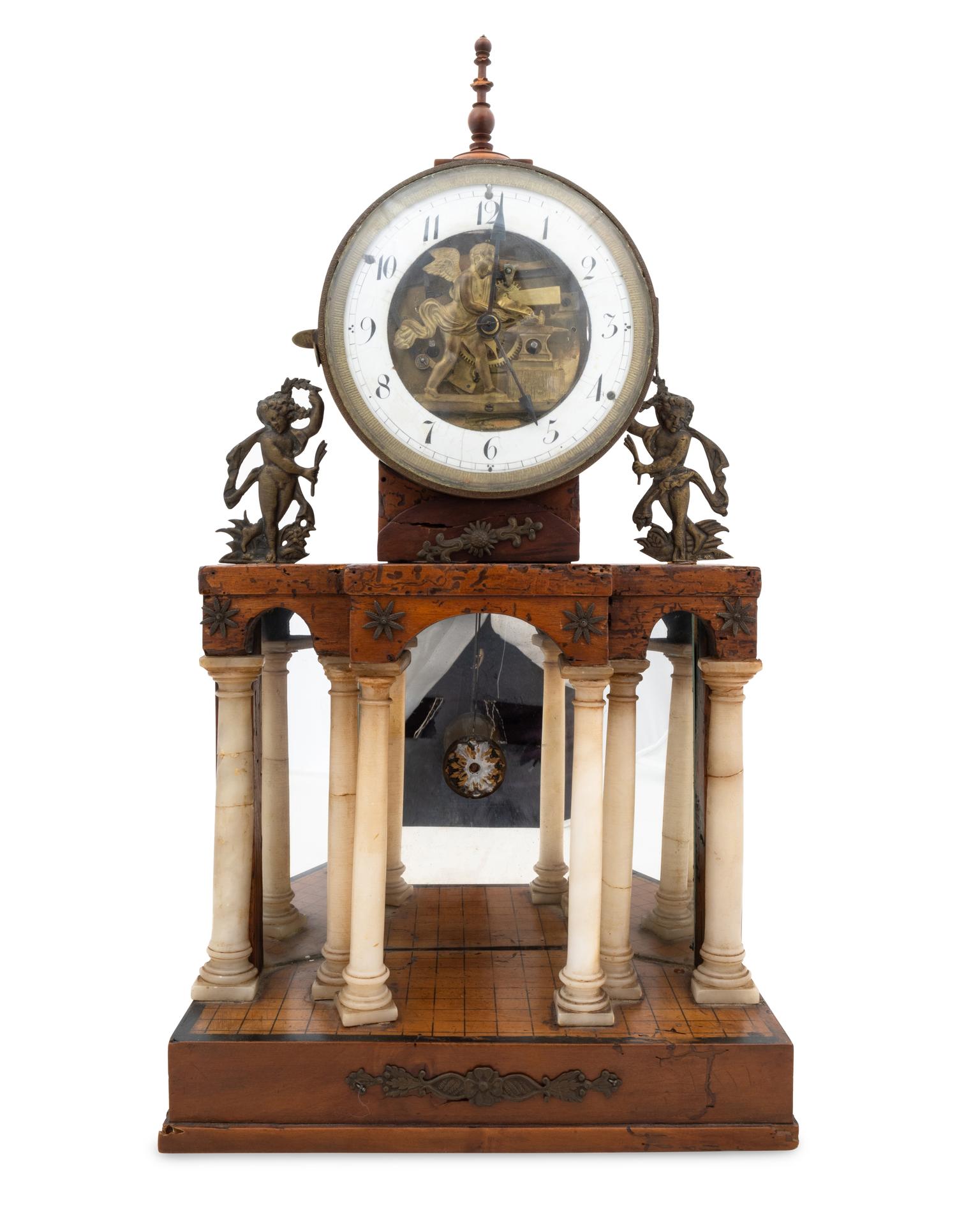 An Austrian Empire Style Gilt Metal and Alabaster Mounted Mantel Clock with Automation