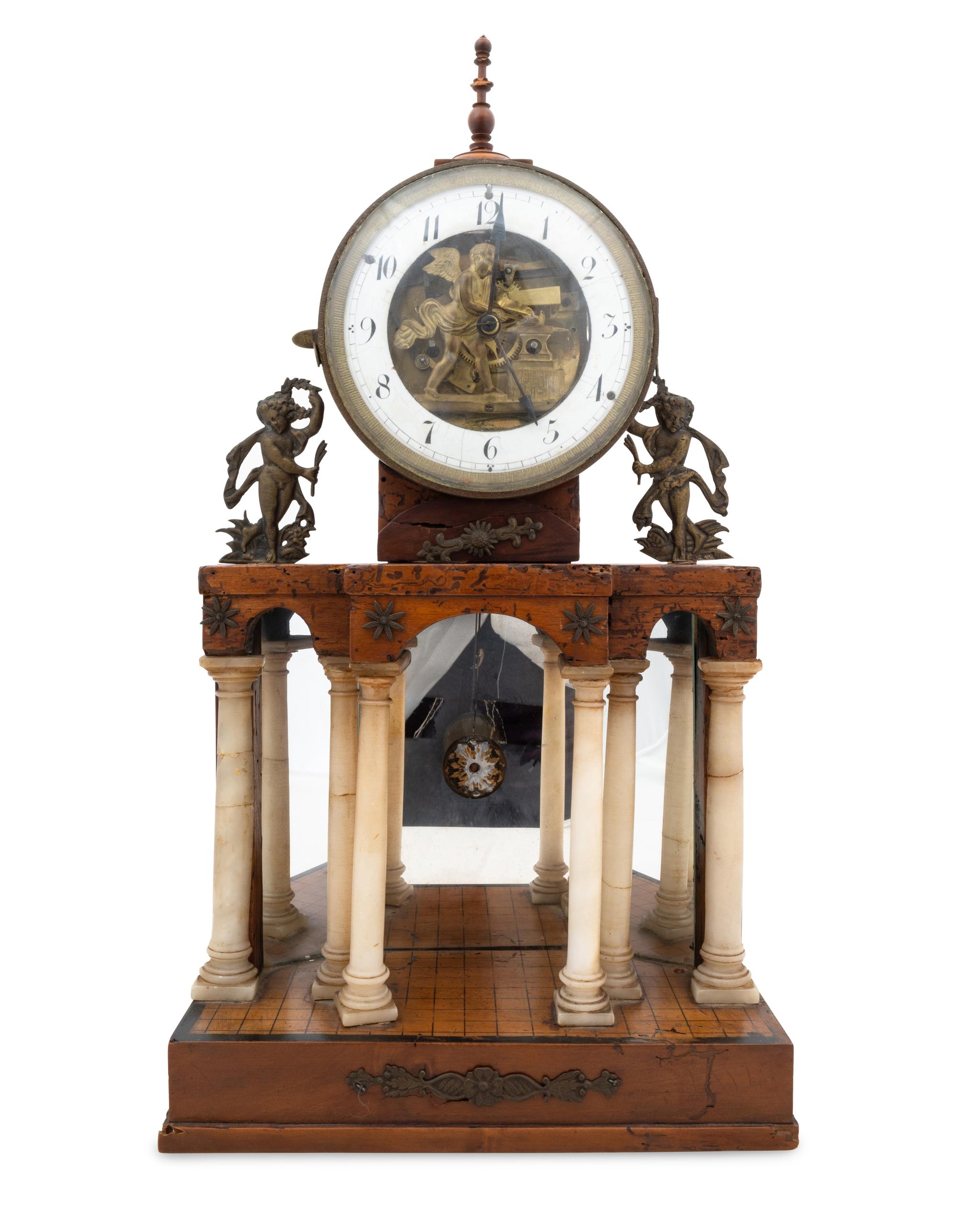 An Austrian Empire Style Gilt Metal and Alabaster Mounted Mantel Clock with Automation