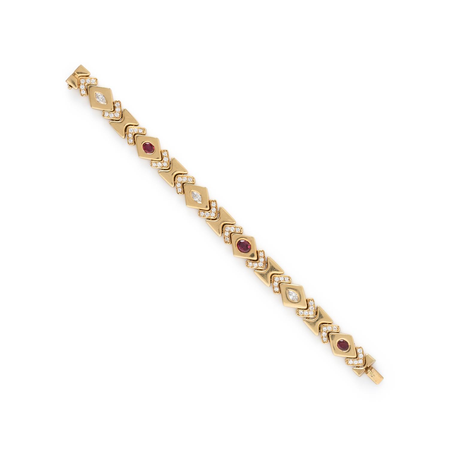 DIAMOND, RUBY, AND YELLOW GOLD BRACELET