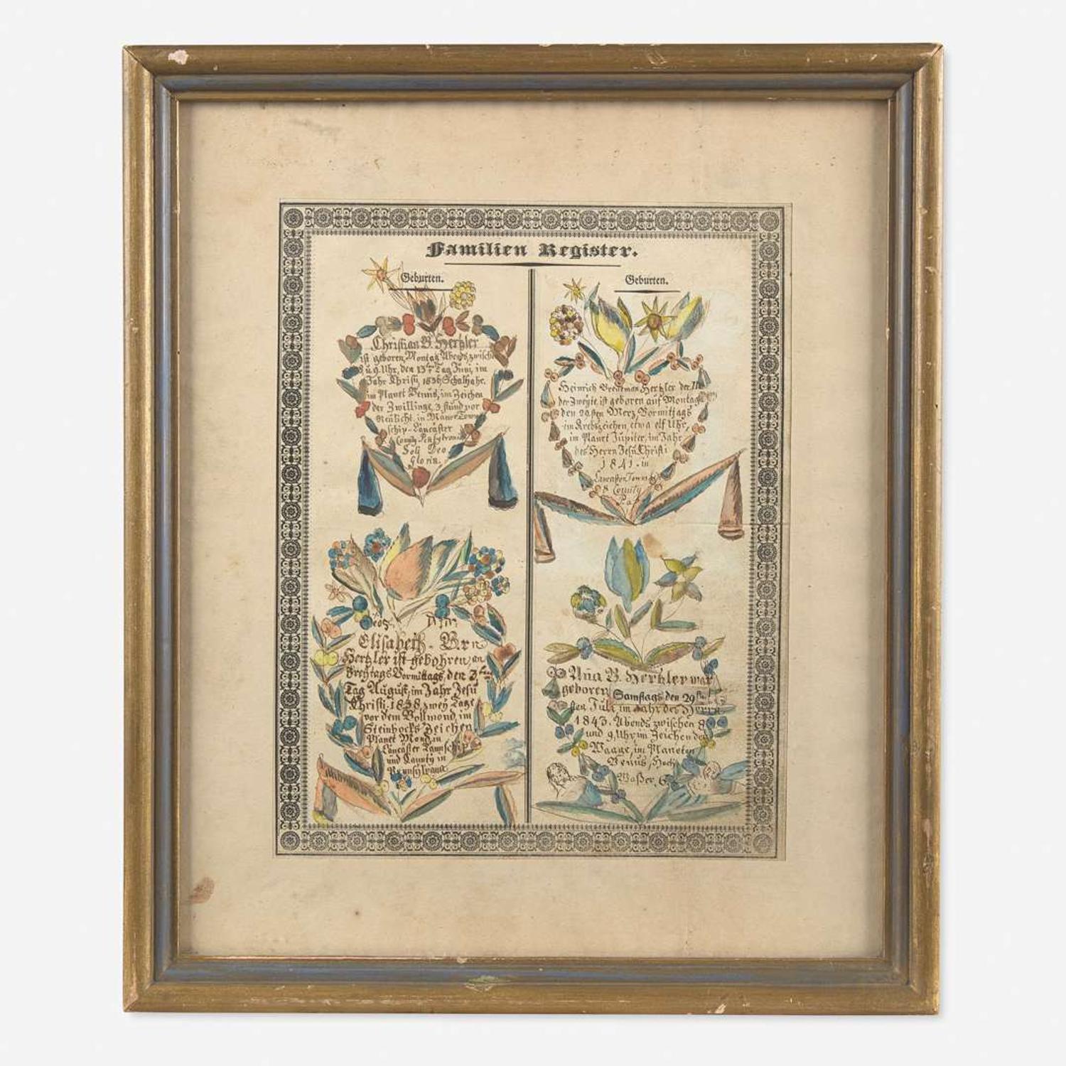 Carl Friedrich Seybold (active c. 1818-1843) Fraktur: Family Register for the Hertzler Family of Lancaster Township, Lancaster County, PA, circa 1843