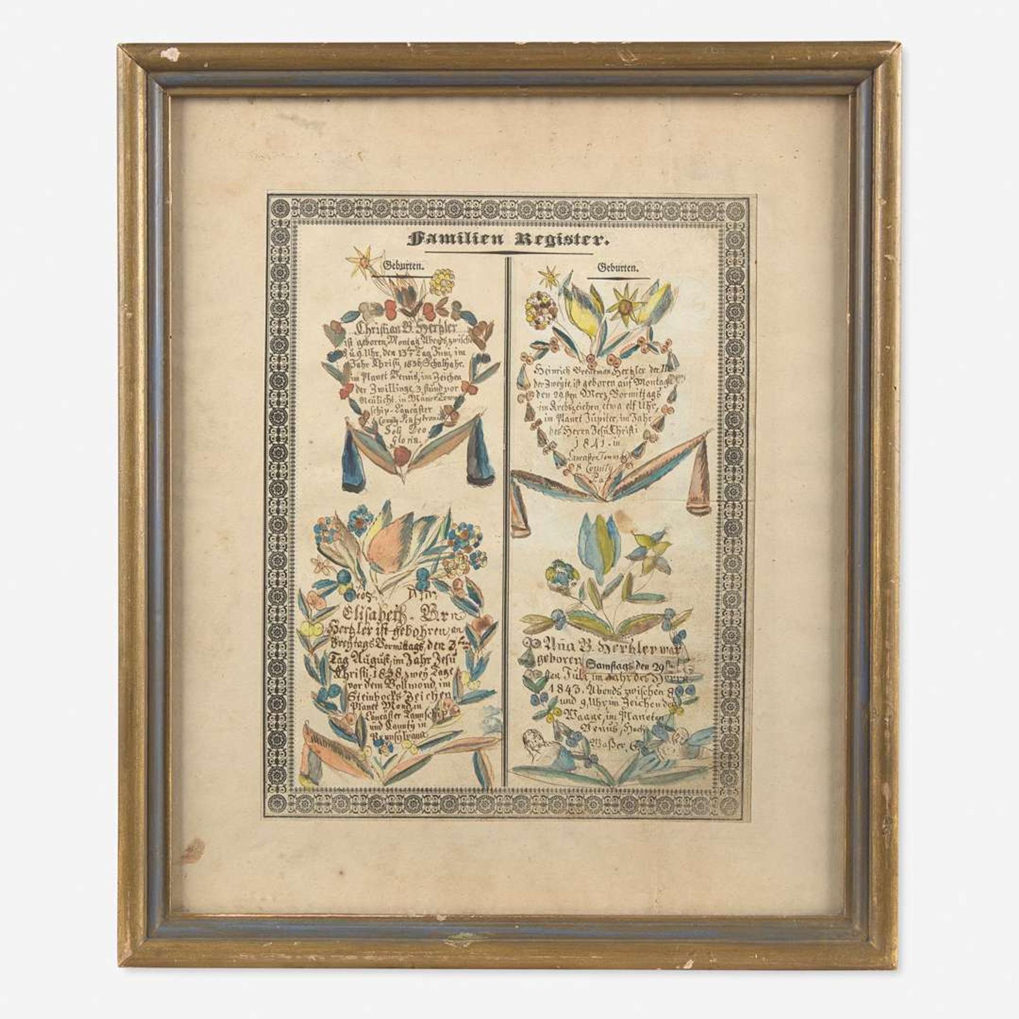 Carl Friedrich Seybold (active c. 1818-1843) Fraktur: Family Register for the Hertzler Family of Lancaster Township, Lancaster County, PA, circa 1843
