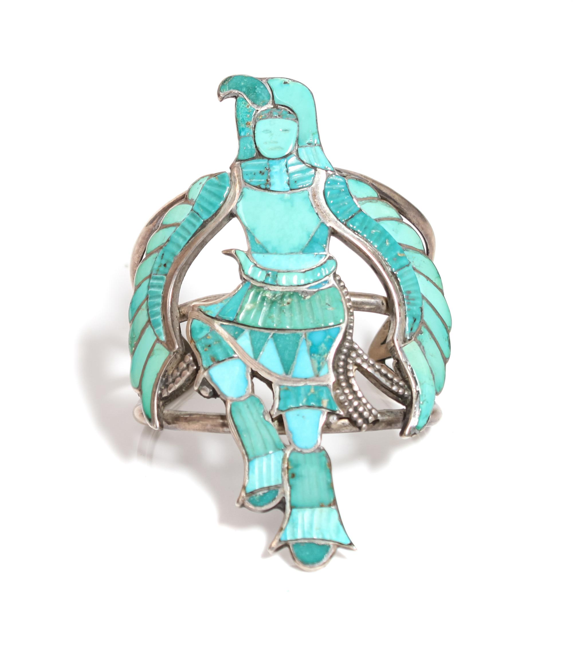 Zuni Chanel Inlay Figural Bracelet, Eddie Beyuka (1920-2002) Length 5 x opening 1 5/16 x width 4 inches