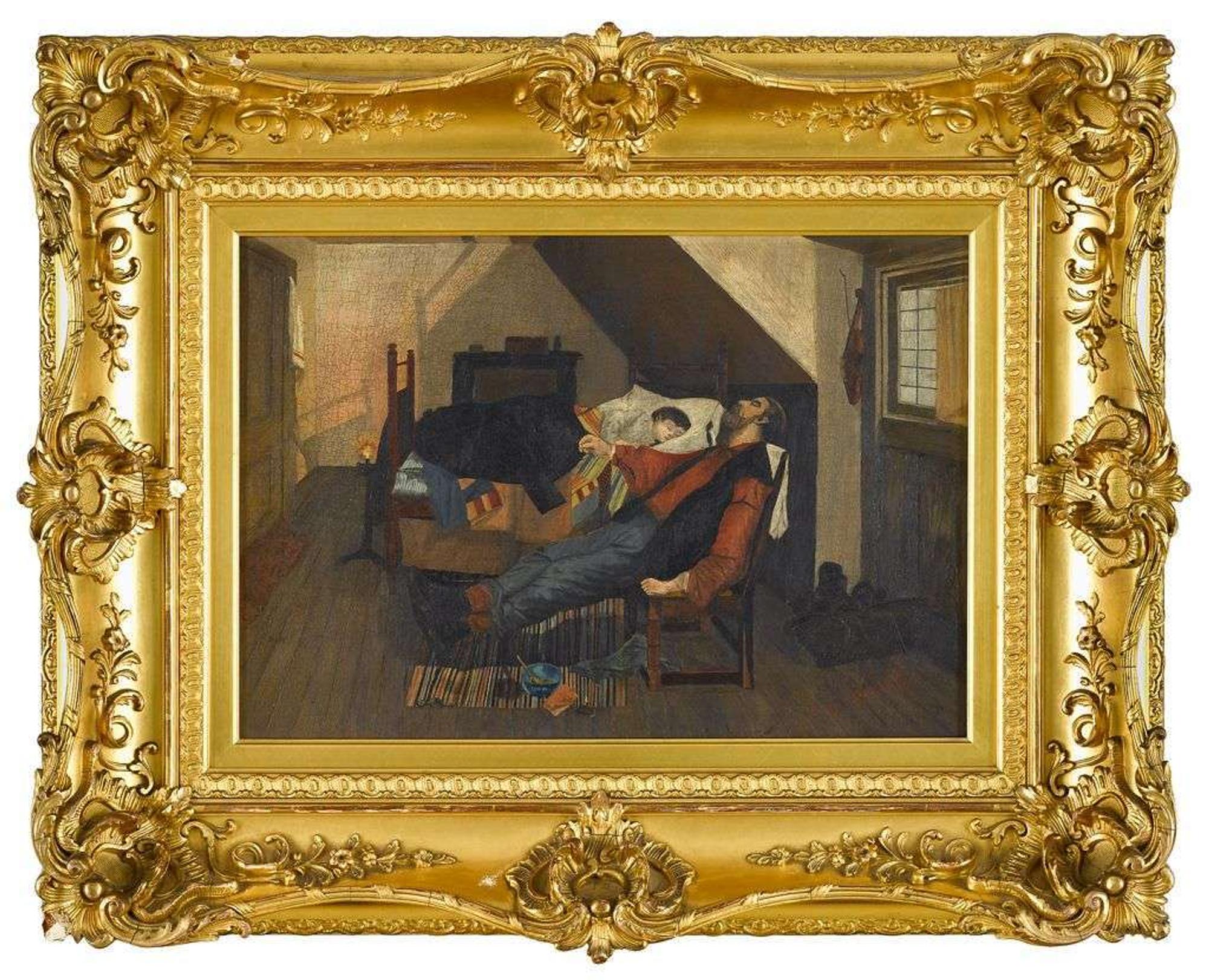 Joseph F. Reynolds (1861-1925) cottage interior with sleeping figures