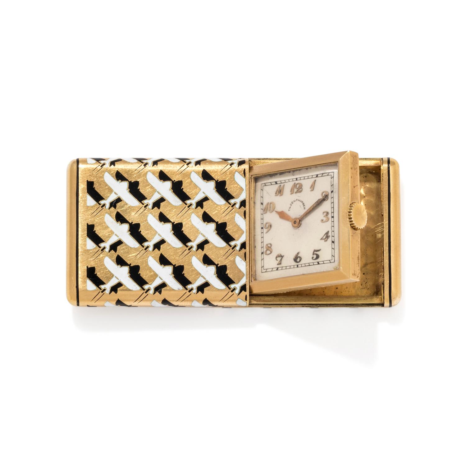 HENRY BLANK & CO., IWC, ART DECO, 18K YELLOW GOLD AND ENAMEL SLIDE TRAVEL WATCH