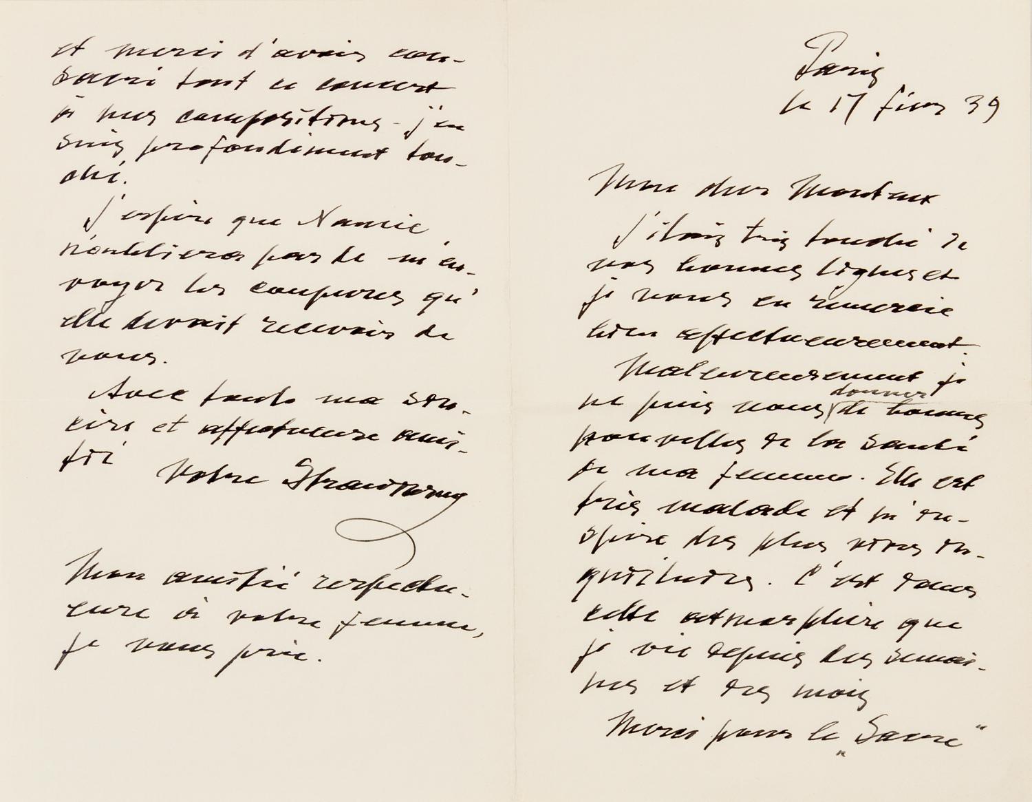 STRAVINSKY, Igor (1882-1971). Autograph letter signed ("Stravinsky"), in French, to conductor Pierre Monteux. Paris, 17 February 1939.