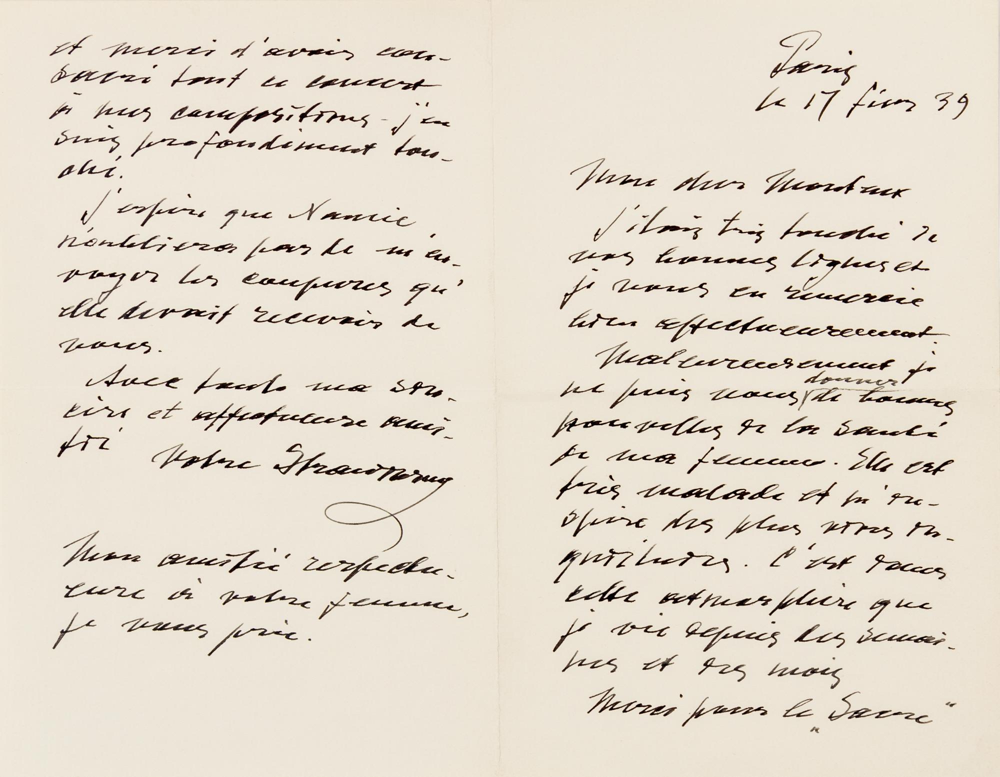 STRAVINSKY, Igor (1882-1971). Autograph letter signed ("Stravinsky"), in French, to conductor Pierre Monteux. Paris, 17 February 1939.