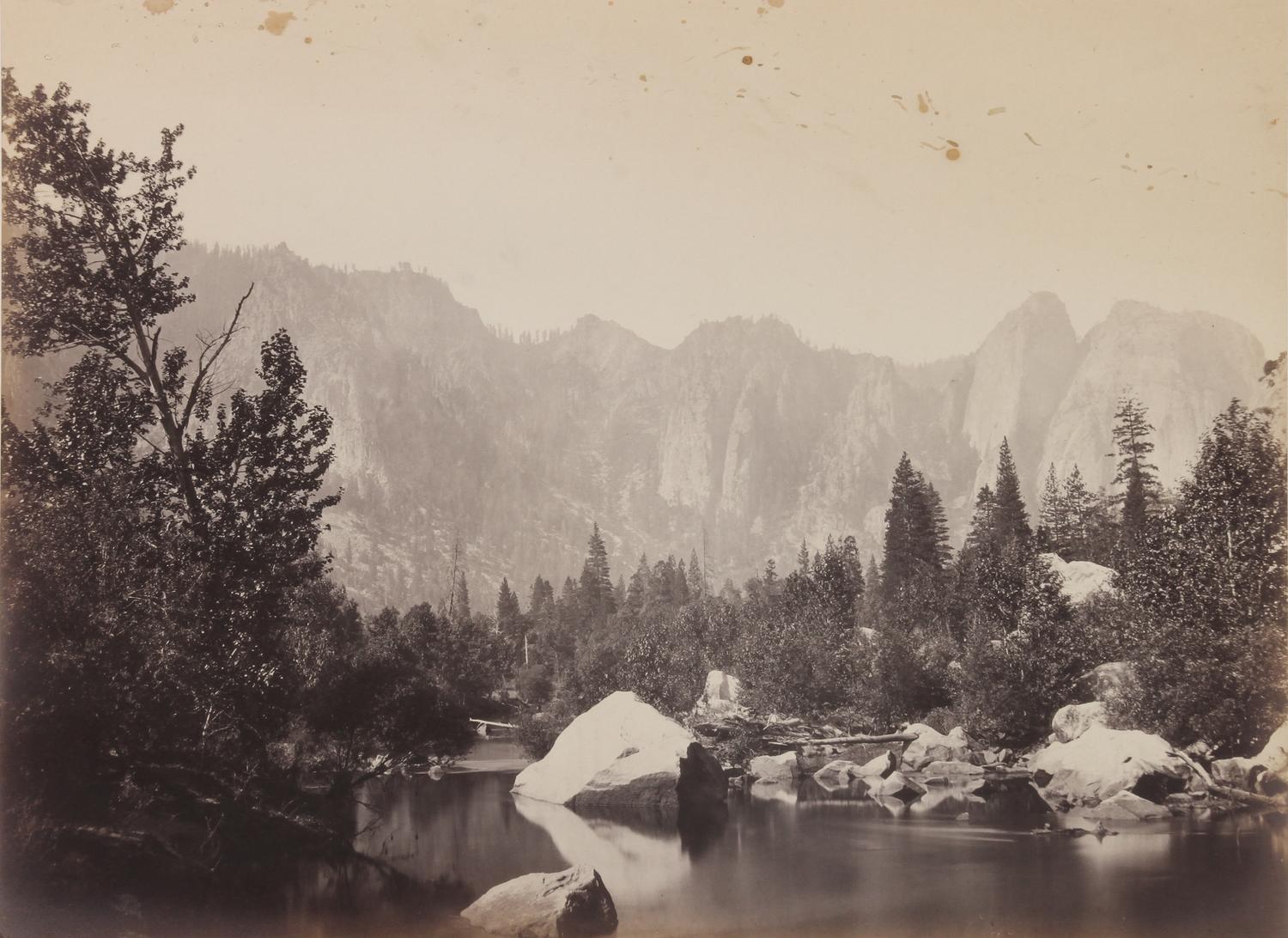 Carleton Eugene Watkins, (American, 1829-1916), Nevada Fall and Butte View of the Merced, Yosemite Hutching's Hotel, Sentinel Rock, Yos