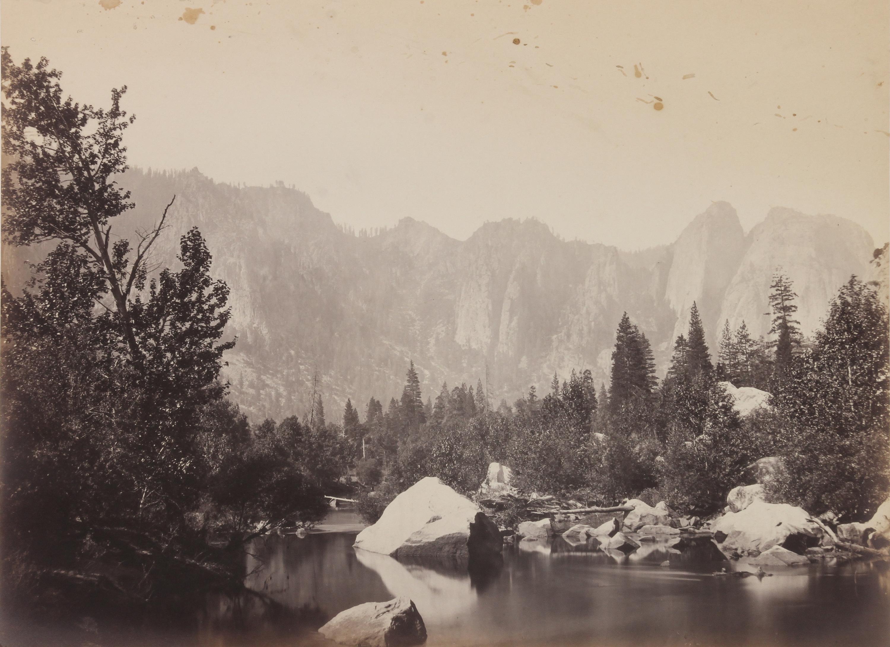 Carleton Eugene Watkins, (American, 1829-1916), Nevada Fall and Butte View of the Merced, Yosemite Hutching's Hotel, Sentinel Rock, Yos