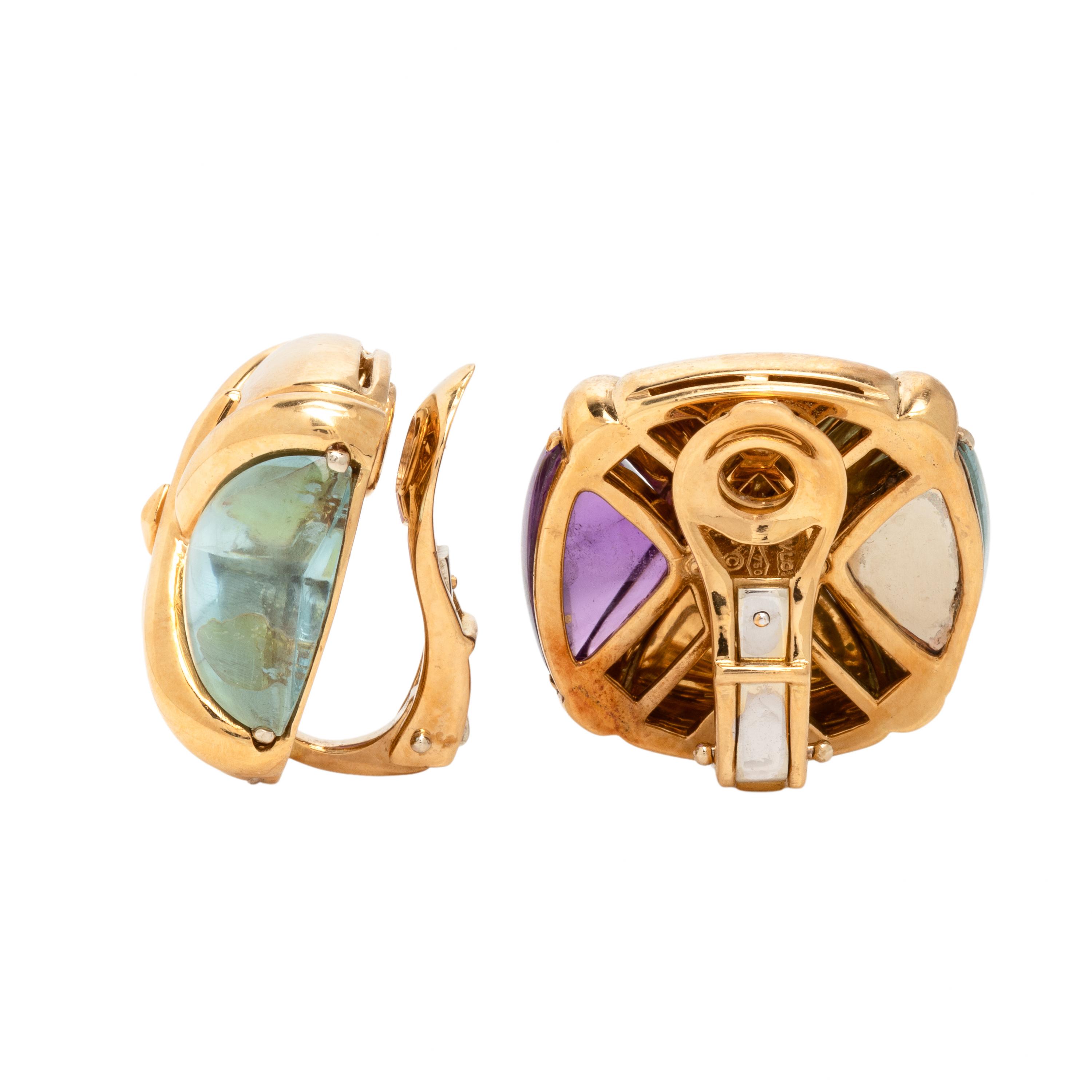 Bulgari, Amethyst, Aquamarine, and Yellow Gold Earrings