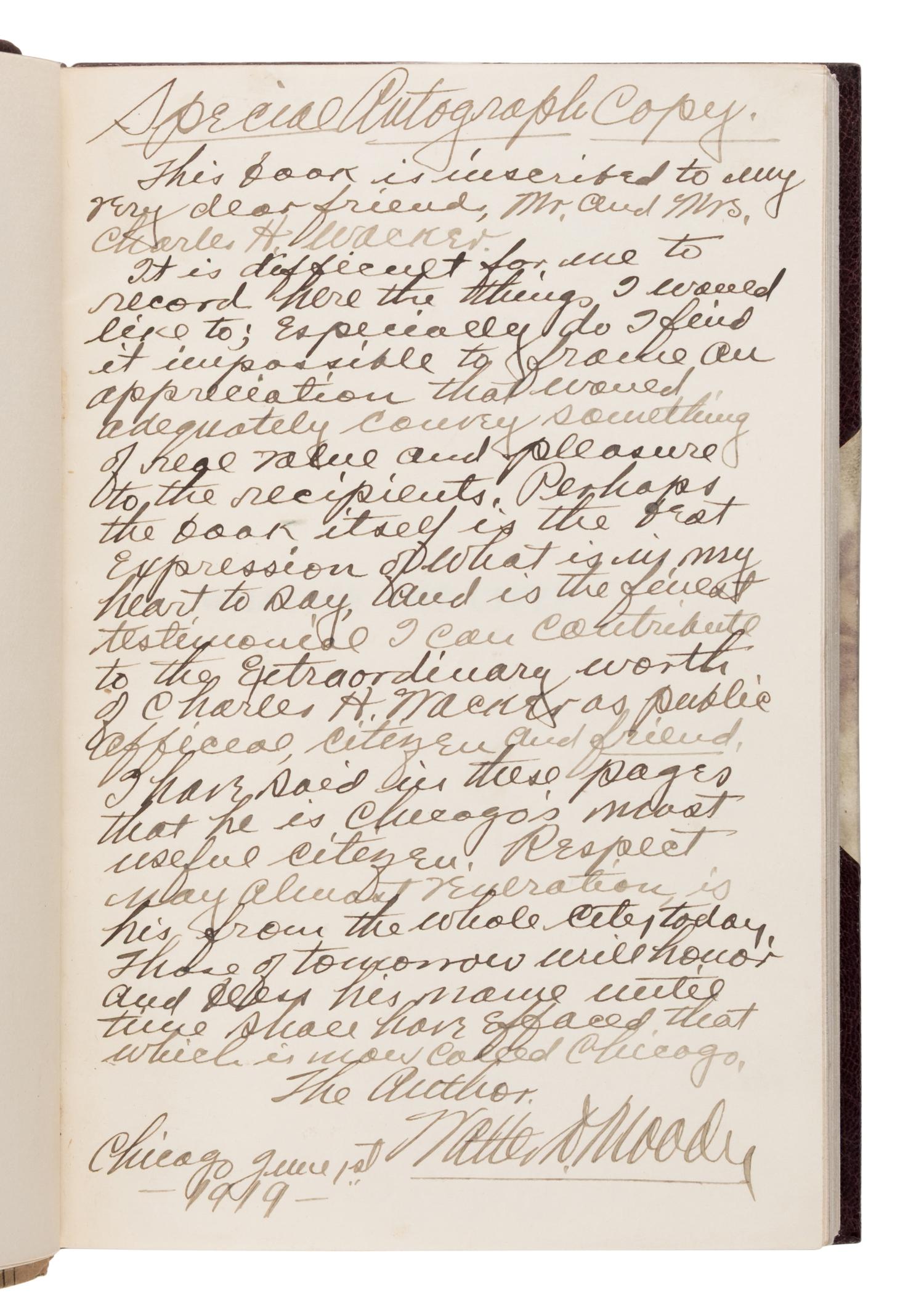 [Chicago]. [Wacker, Charles H. (1856-1929)]. An extensive archive including personally owned items and letters received by Chicago businessman and philanthropist Charles H. Wacker.