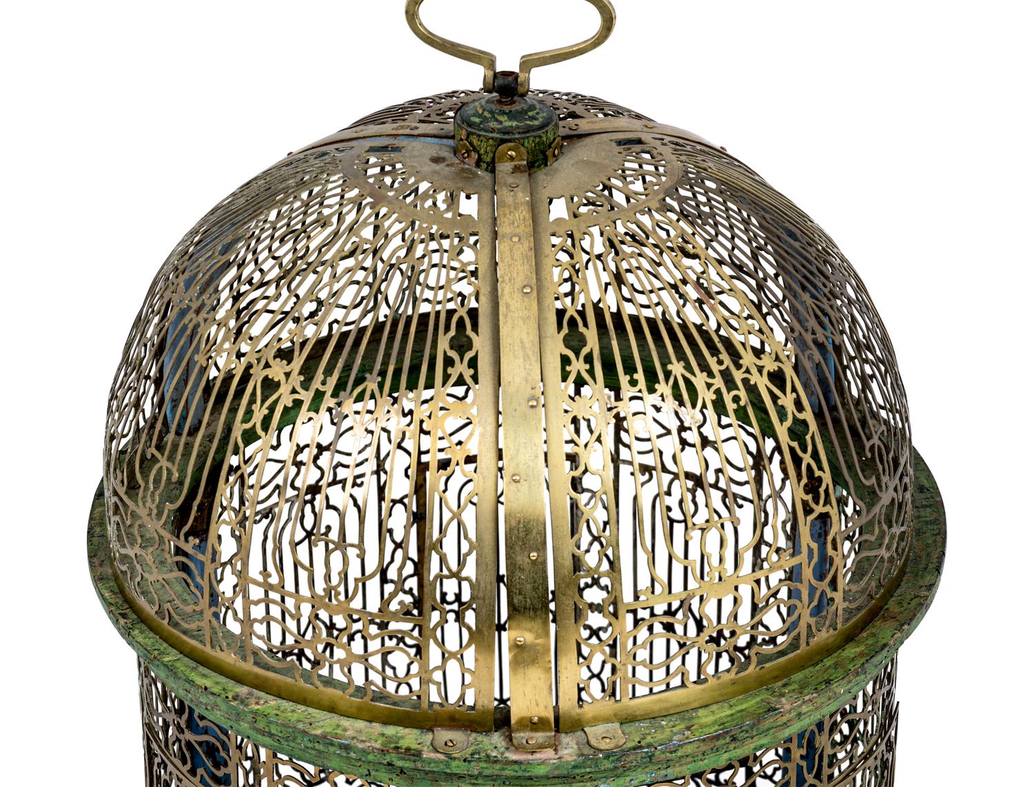 A North European Brass and Polychrome Painted Bird Cage