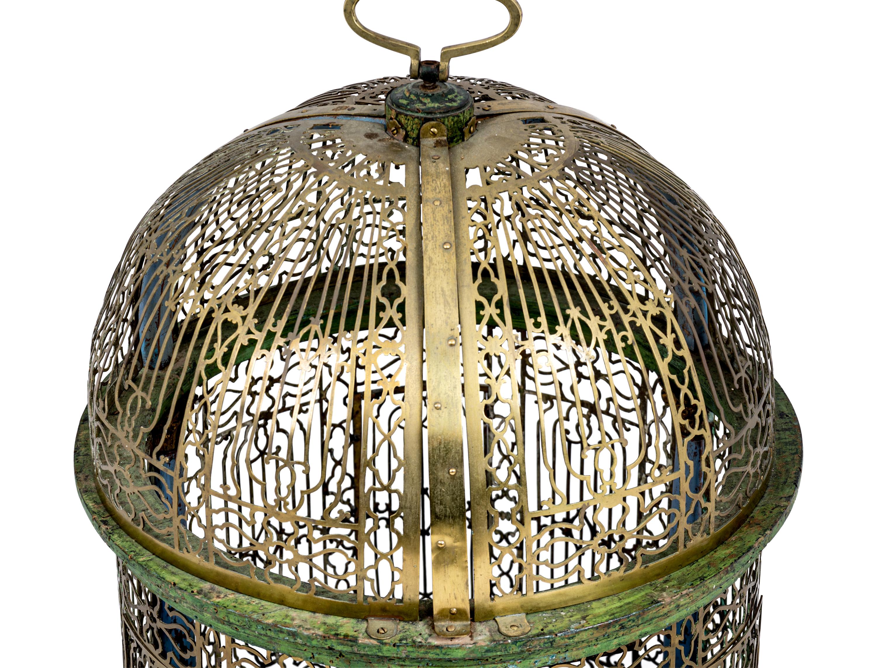 A North European Brass and Polychrome Painted Bird Cage