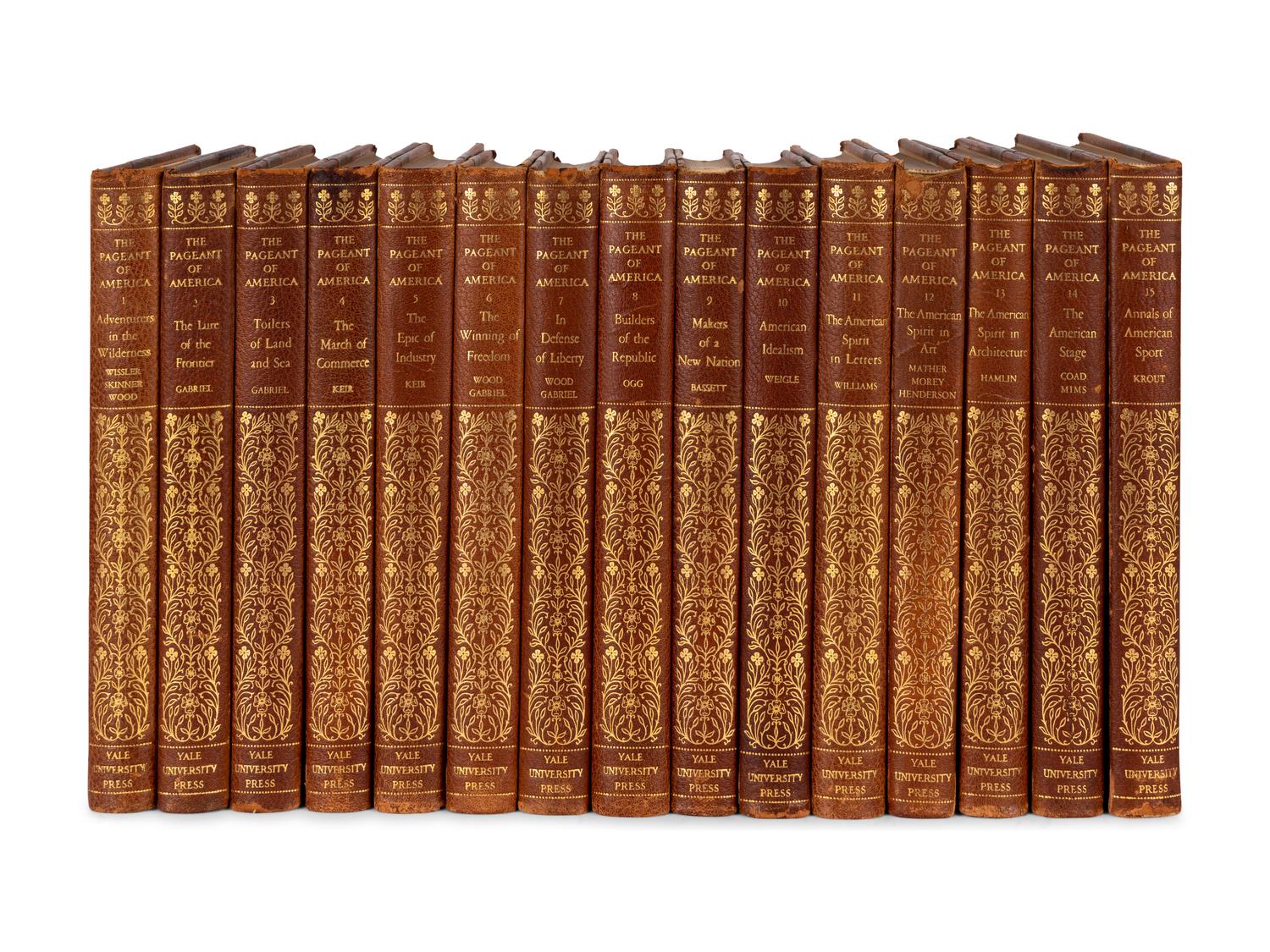 [BINDINGS & SETS]. GABRIEL, Ralph Henry (1890-1987), editor. The Pageant of America a Pictorial History of the United States . New Haven, CT: Yale University Press, 1925-1929.