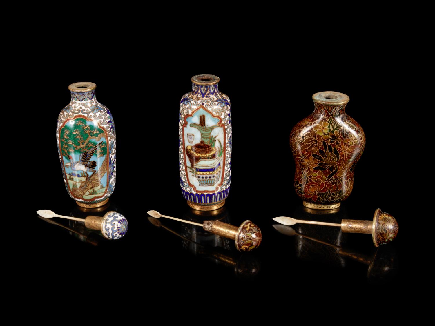 Three Chinese Cloisonné Enameled Snuff Bottles