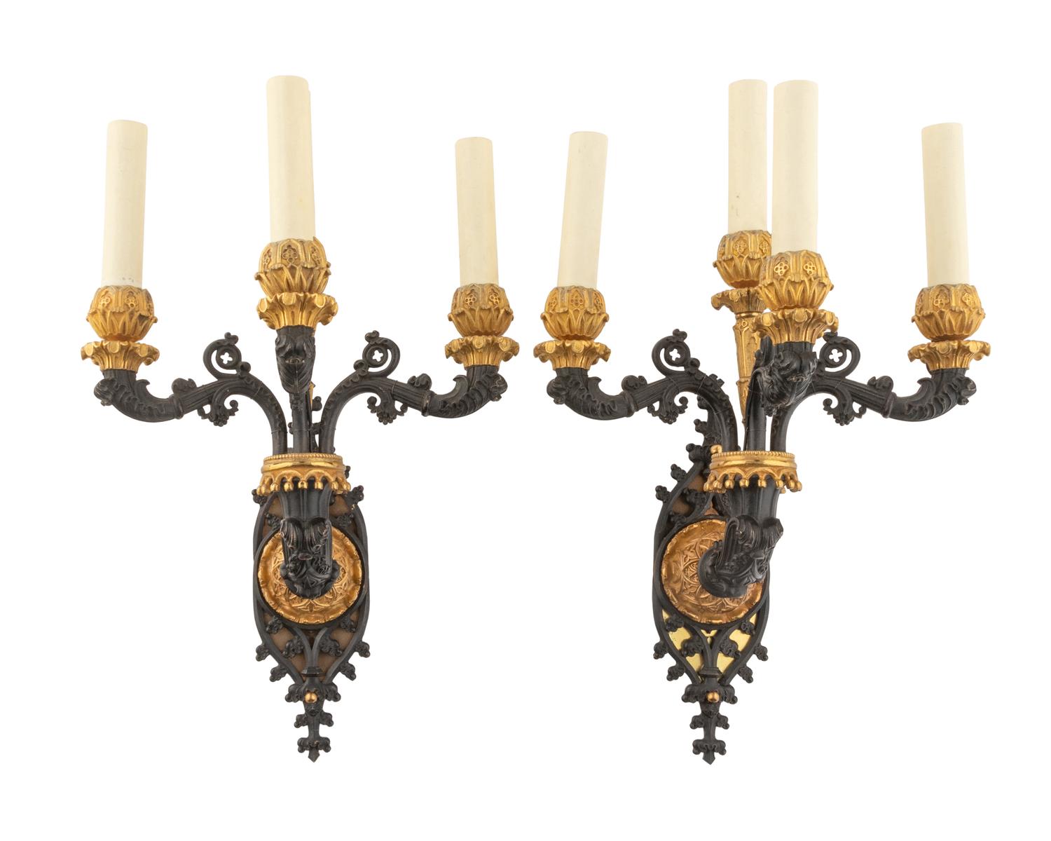 A Pair of Charles X Gilt and Patinated Bronze Four-Light Sconces