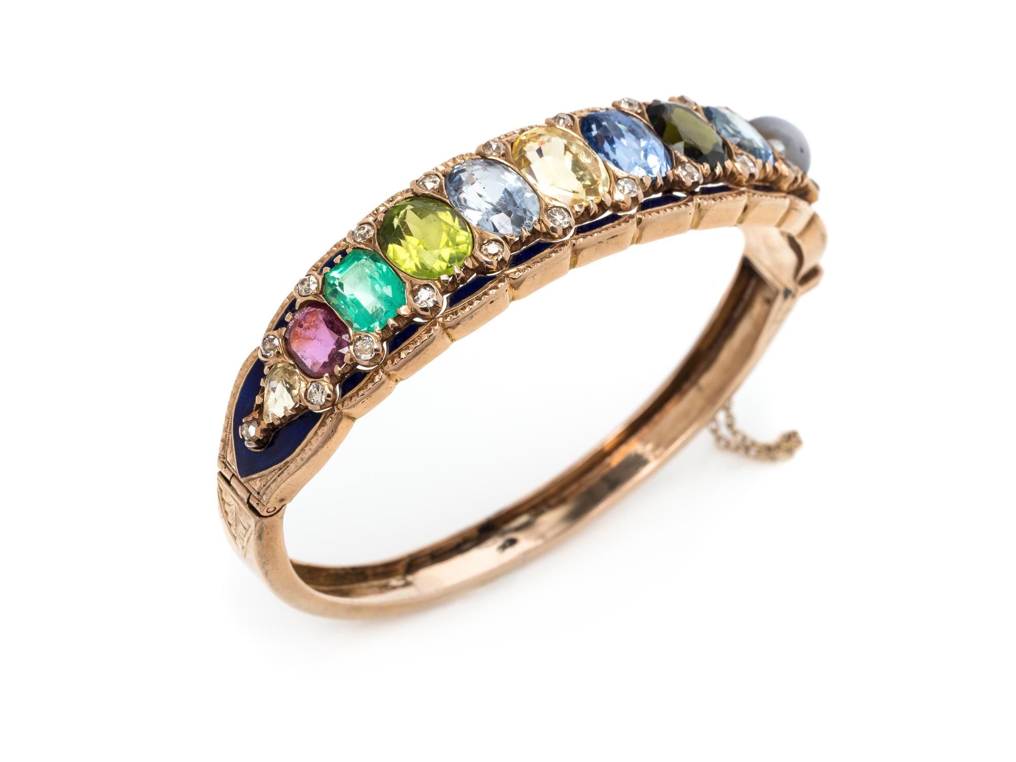 ANTIQUE, MULTIGEM, DIAMOND AND ENAMEL BANGLE BRACELET