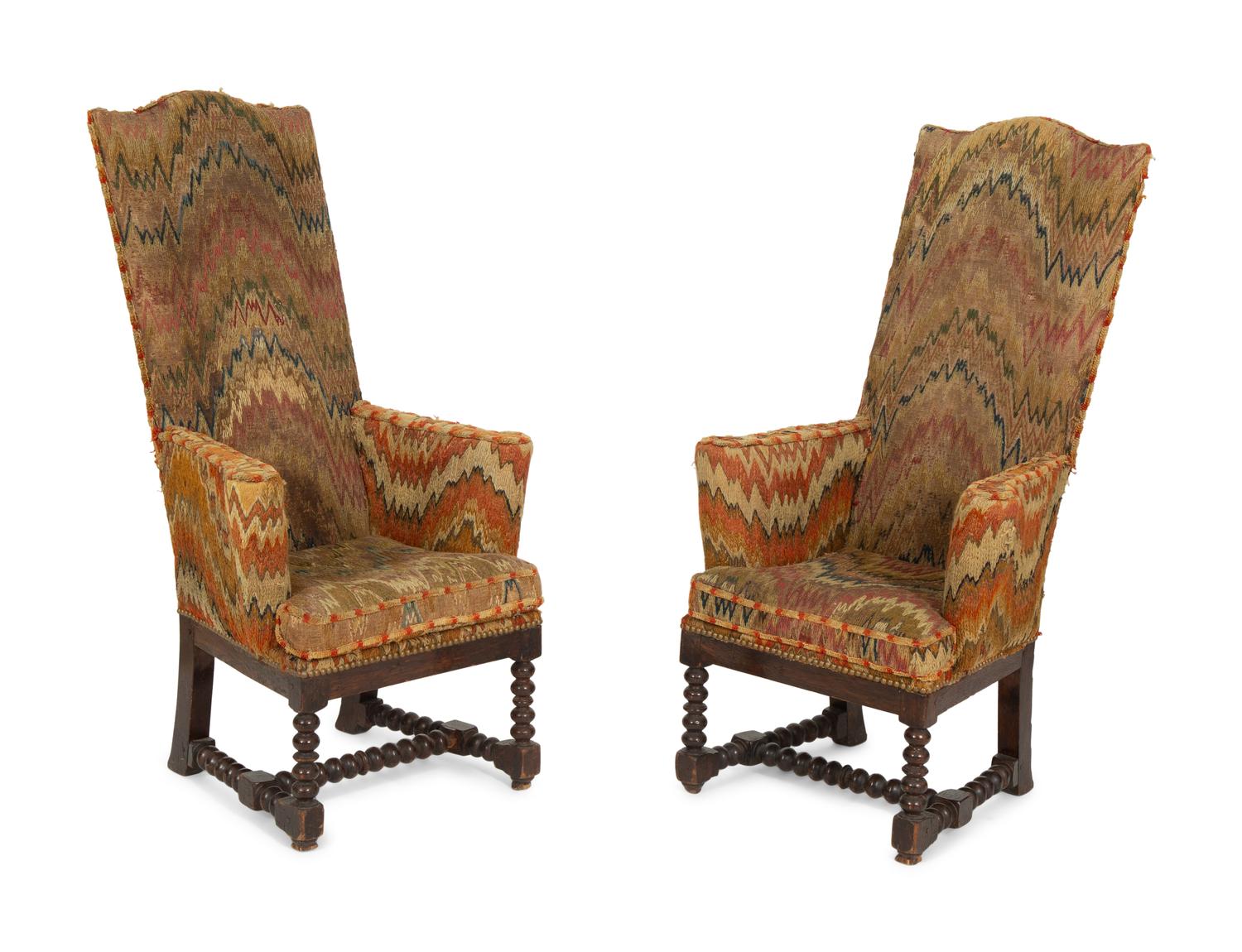 A Pair of Jacobean Style High Back Armchairs