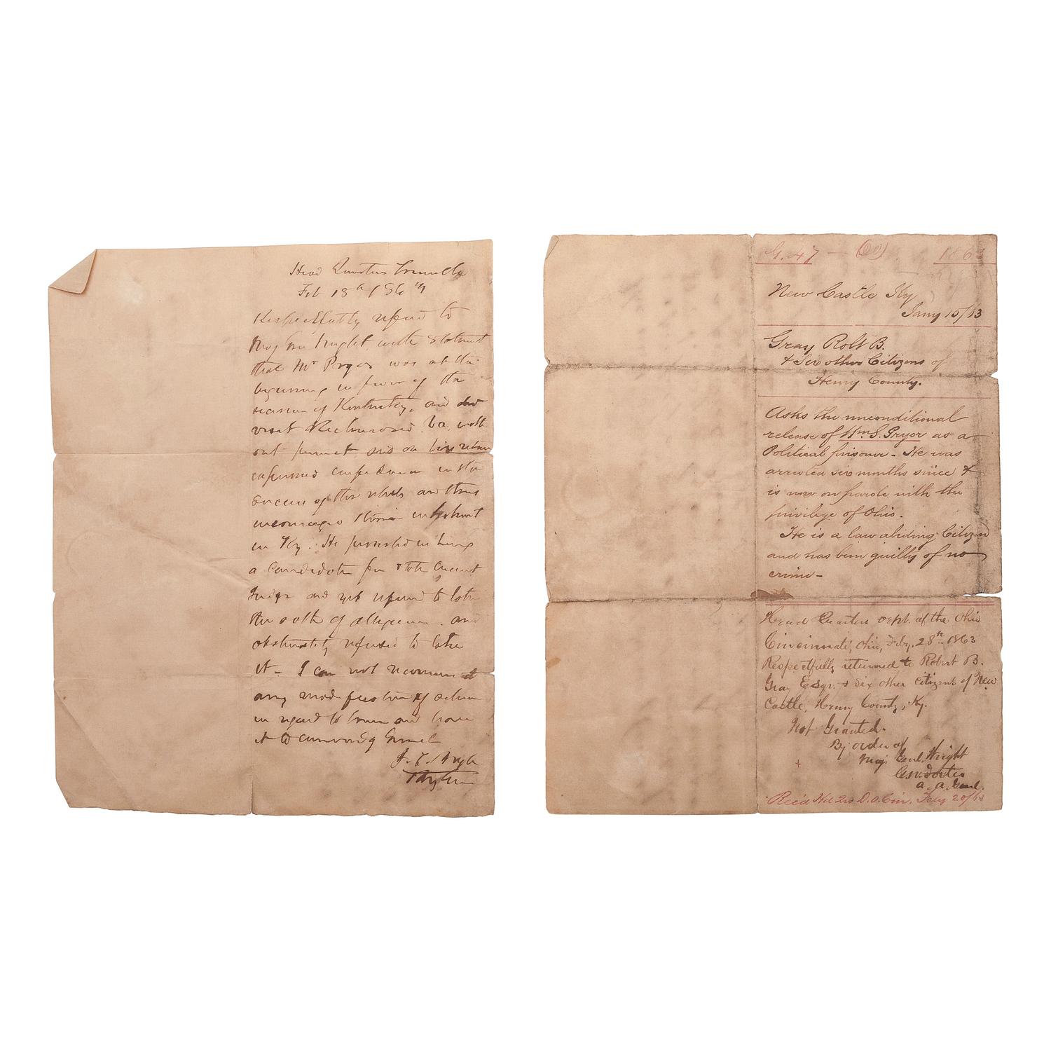 [CIVIL WAR]. Letter from citizens of Henry County, Kentucky, requesting the release of "political prisoner" William S. Pryor. New Castle, KY, 15 January 1863.