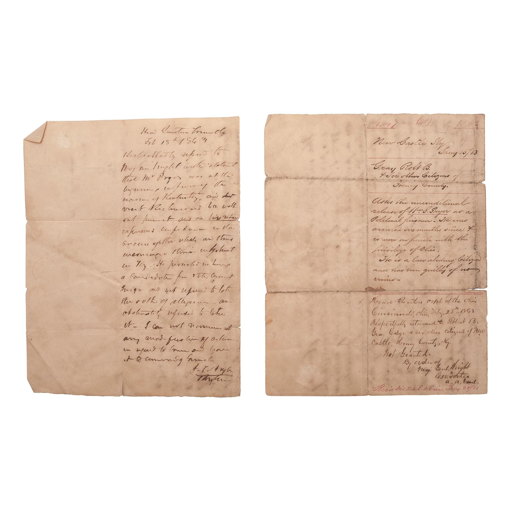 [CIVIL WAR]. Letter from citizens of Henry County, Kentucky, requesting the release of "political prisoner" William S. Pryor. New Castle, KY, 15 January 1863.