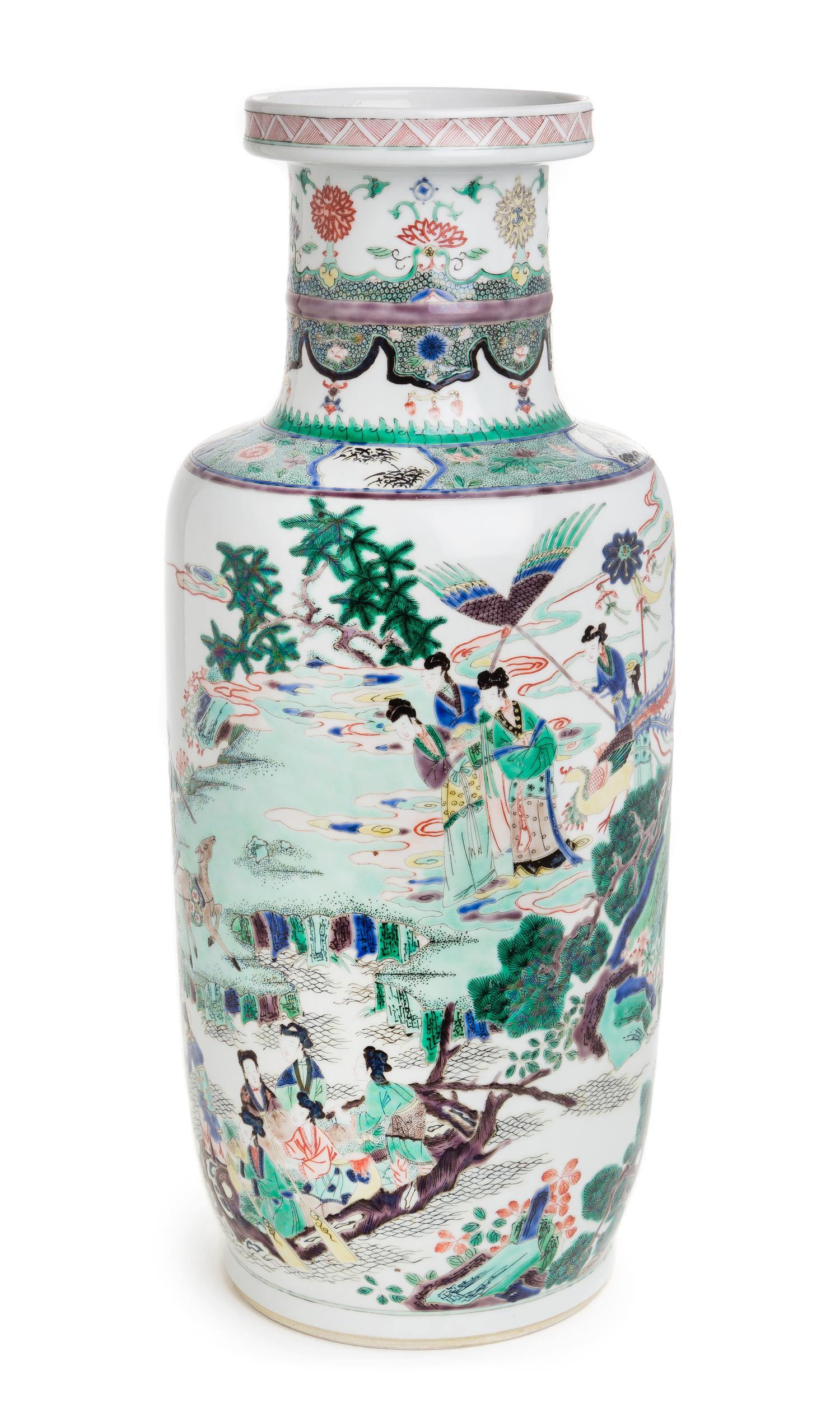 A Famille Verte Porcelain Rouleau Vase Height 18 inches.