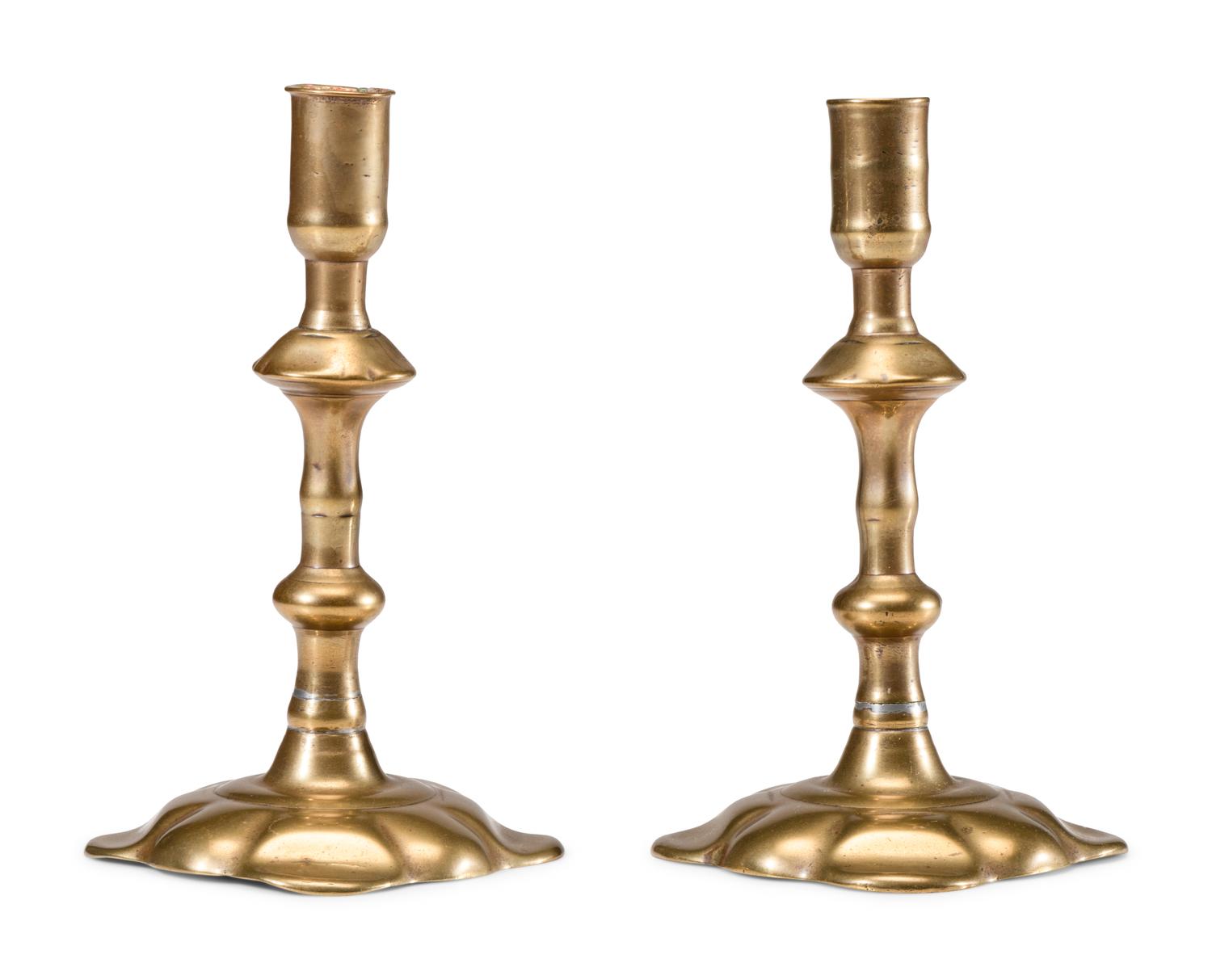 A Pair of English Brass Scalloped-Foot Candlesticks