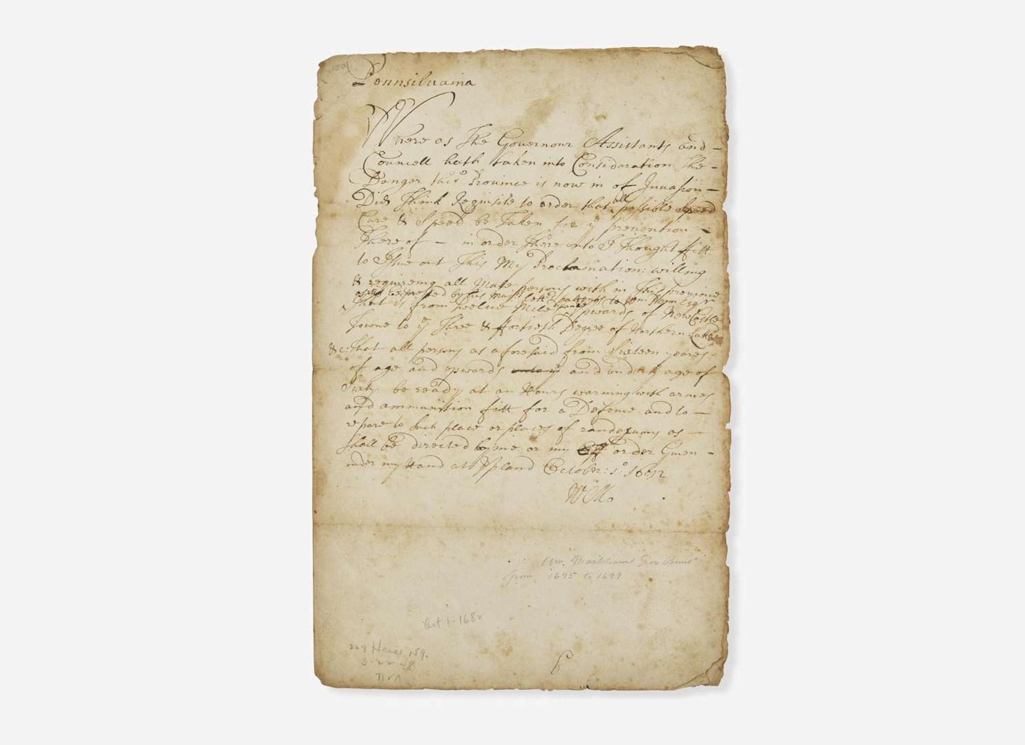 [Philadelphia & Pennsylvania] Markham, William: Autograph Document, signed