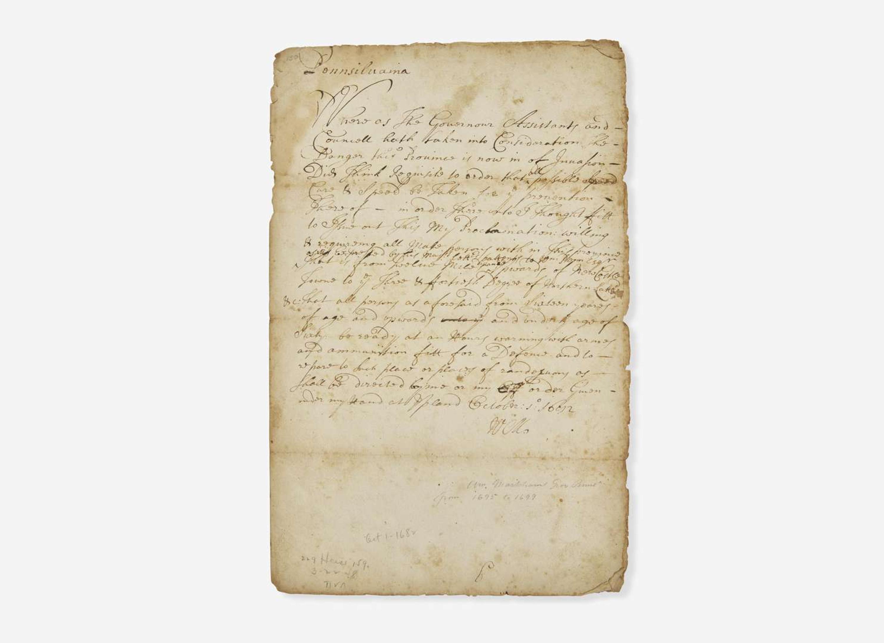 [Philadelphia & Pennsylvania] Markham, William: Autograph Document, signed