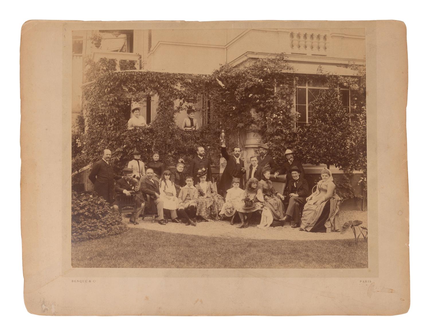 [ARTISTS]. Group portrait of artists incl. Frédéric Auguste Bartholdi posed as the Statue of Liberty. Paris: Banque & Co., ca 1880s.