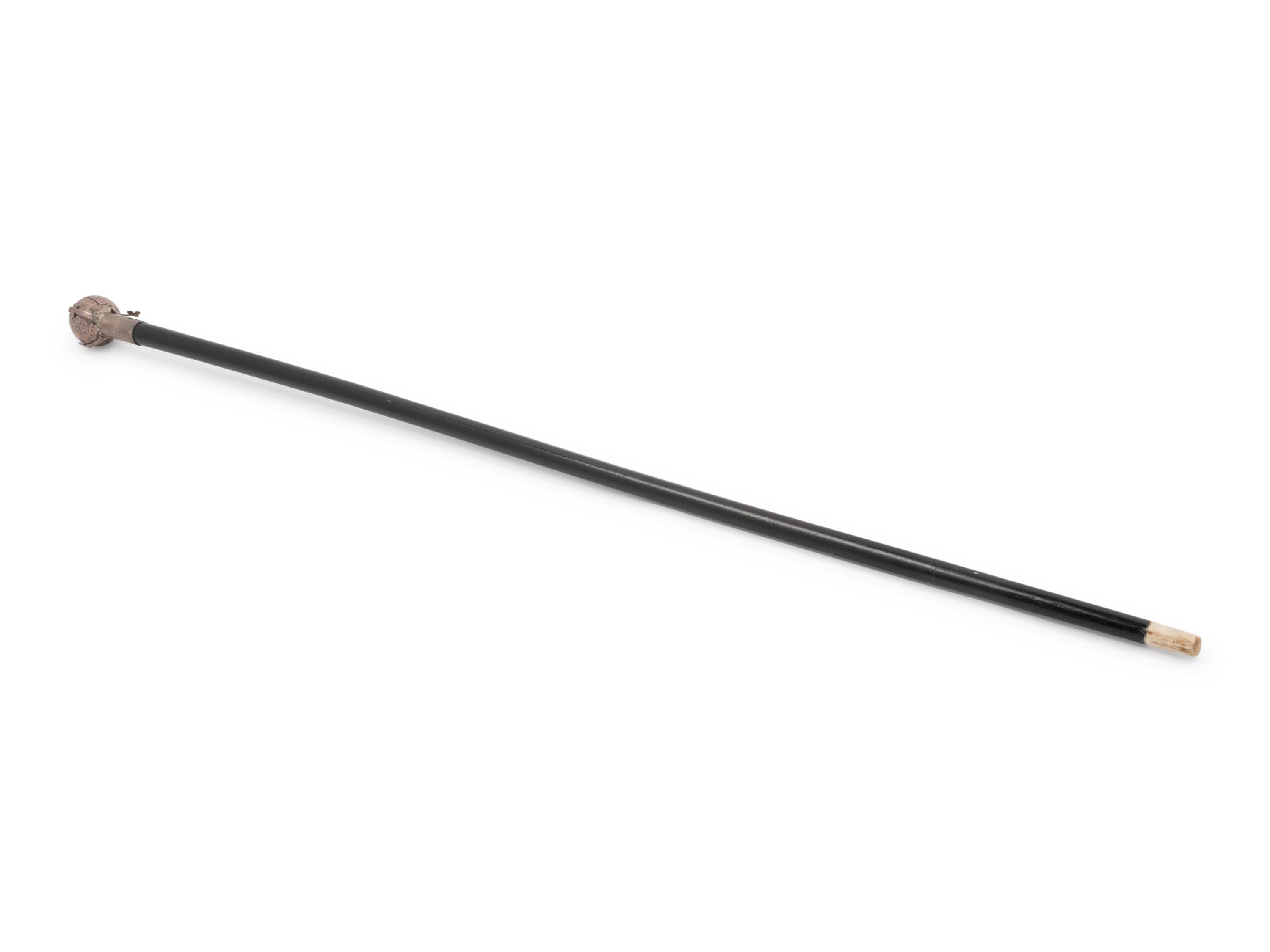 An English Silver-Plate Mounted and Ebonized Masonic Orb System Walking Stick