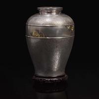 A Japanese silver and mixed metal vase with wood stand, Miyamoto Kinsei 日本银质合金花瓶以及木底座