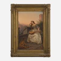 Emanuel Leutze (American, 1816-1868) Young Woman Daydreaming with Mandolin and Dog