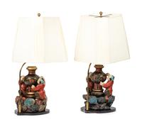 A Pair of Chinese Carved Wood Figural Lamps