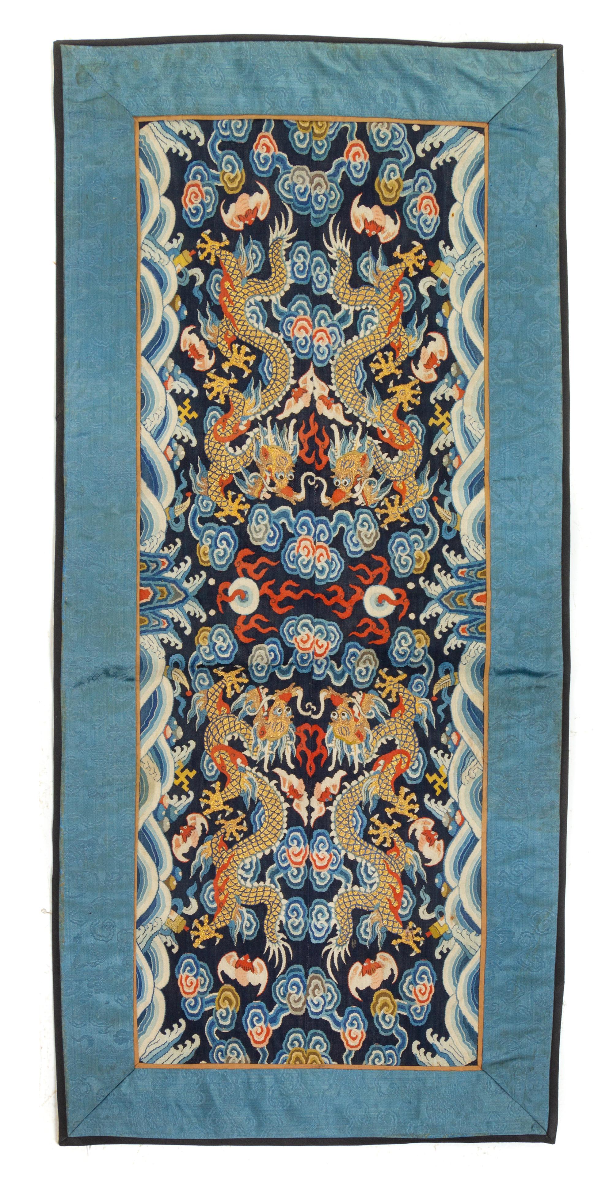 Three Embroidered Silk 'Dragon' Panels
