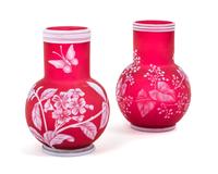 English, LATE 19TH CENTURY, two cameo glass vases, each of bottle form with foliate decoration, one additionally decorated with butterf