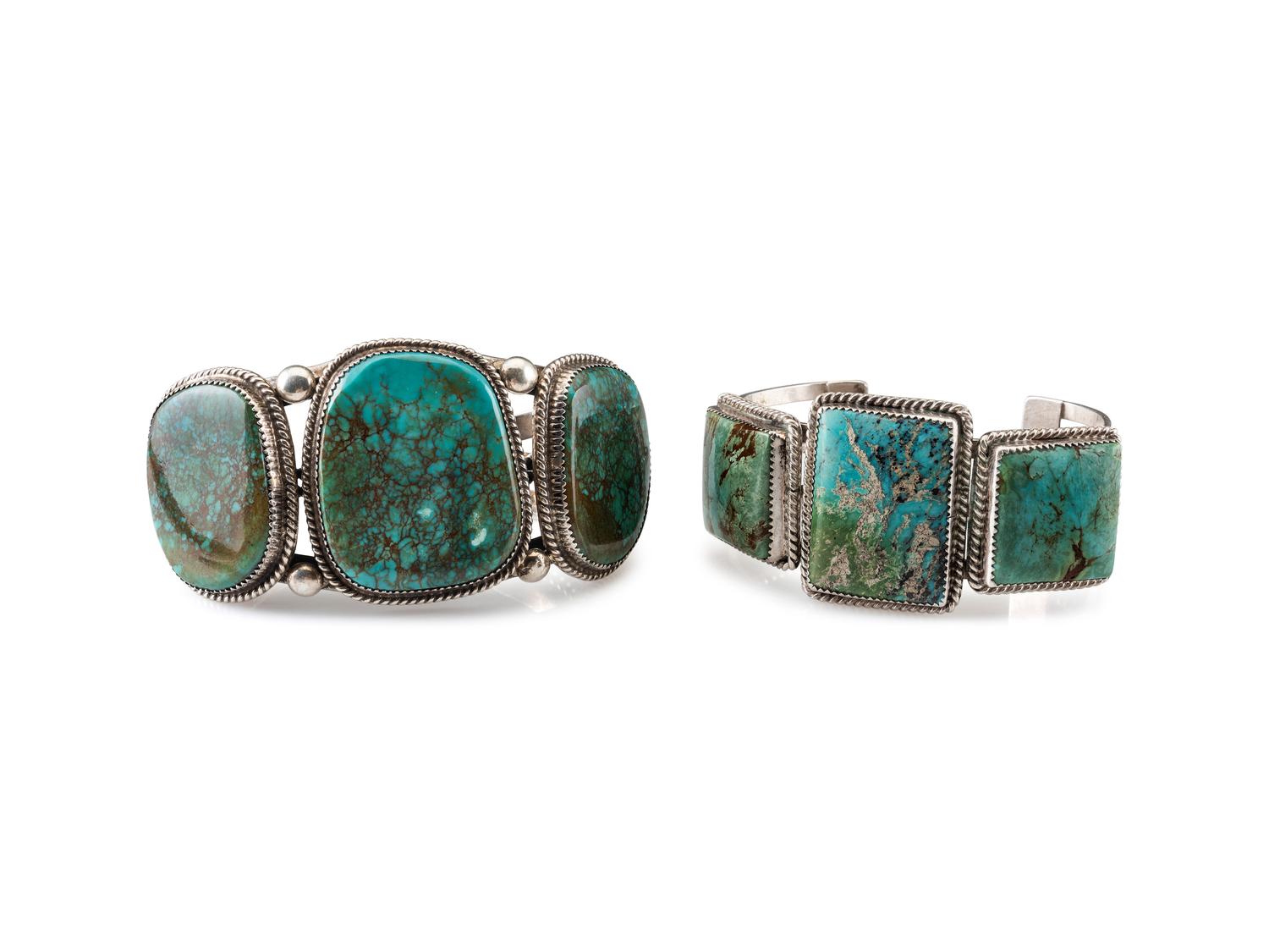 Navajo Sterling Silver Wire Cuff Bracelet, Set with Large Braduated Turquoise Cabochons