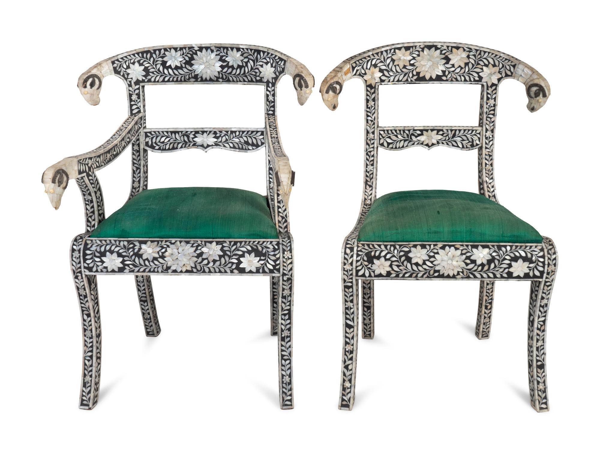 A Set of Eight Indian Mother-of-Pearl-Inlaid Dining Chairs