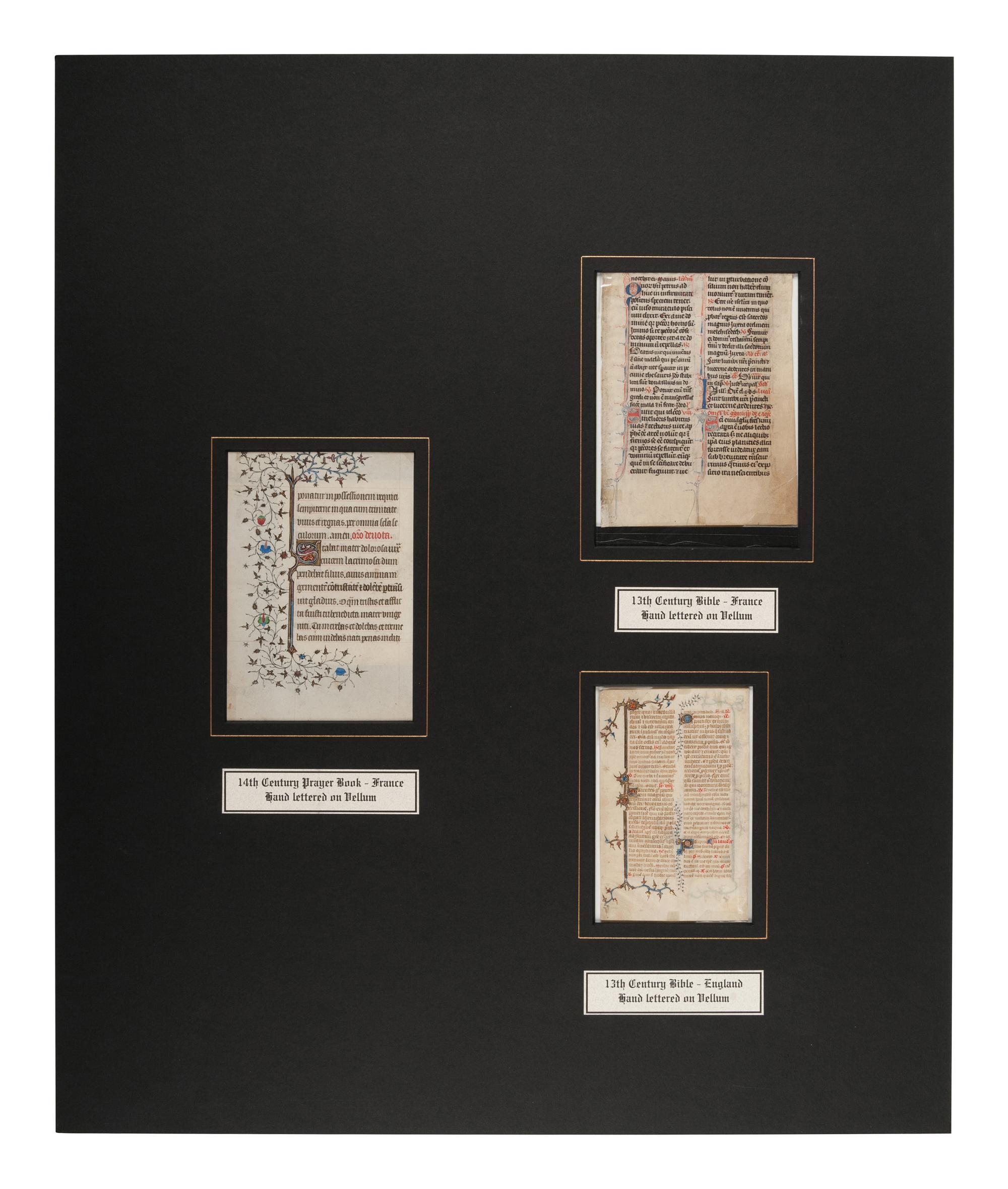 [MANUSCRIPT LEAVES -- BIBLES]. A group of 3 manuscript leaves on vellum, matted together, comprising: