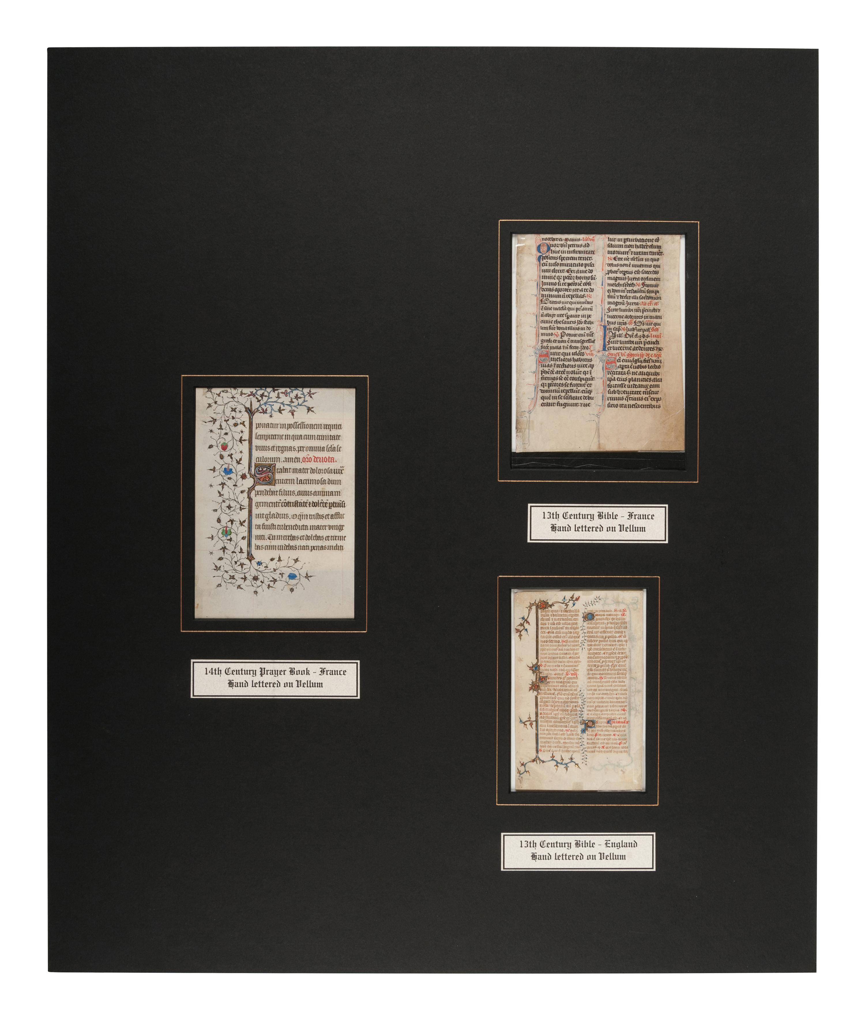 [MANUSCRIPT LEAVES -- BIBLES]. A group of 3 manuscript leaves on vellum, matted together, comprising: